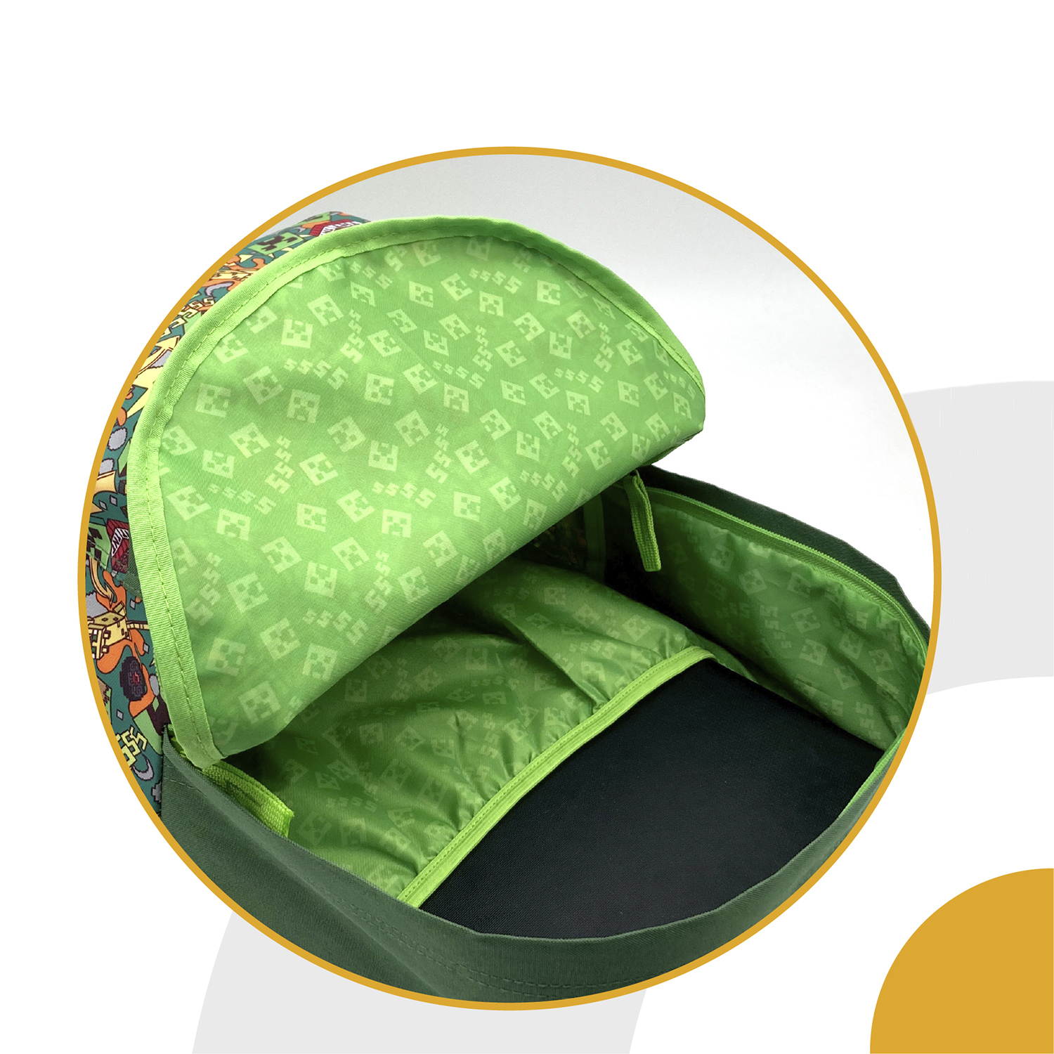 Interior de mochila, abierto para revelar un forro verde estampado, con base negra.