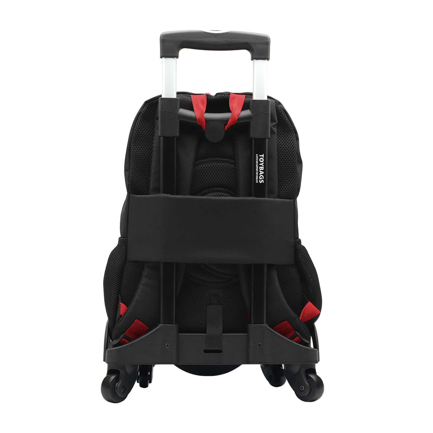 Mochila con ruedas de material negro y detalles rojos, con ruedas.