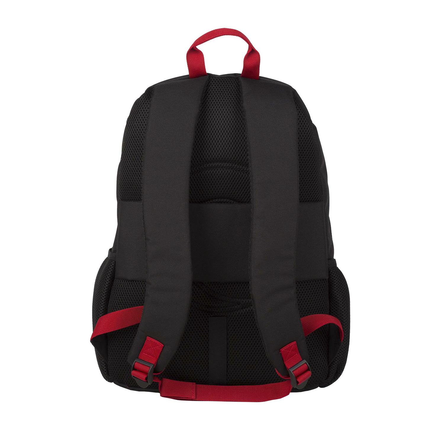 Una mochila negra con correas rojas vista desde la parte trasera.