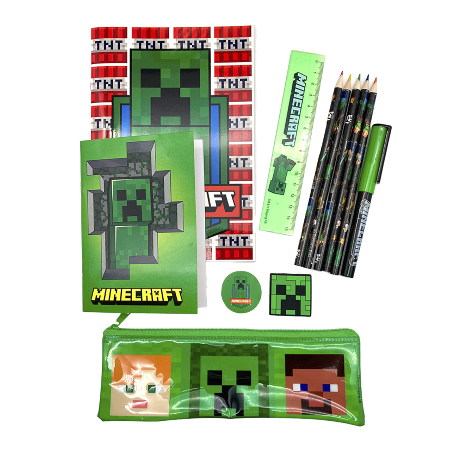 Un conjunto de útiles escolares verdes con temática de Minecraft, incluyendo un bloc y lápices.