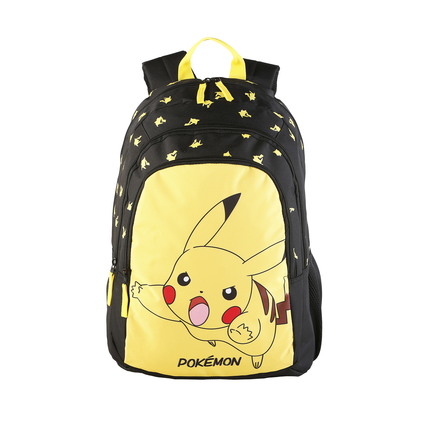 Mochila de Pikachu negra y amarilla con gráficos de Pikachu y logo de Pokémon sobre blanco.