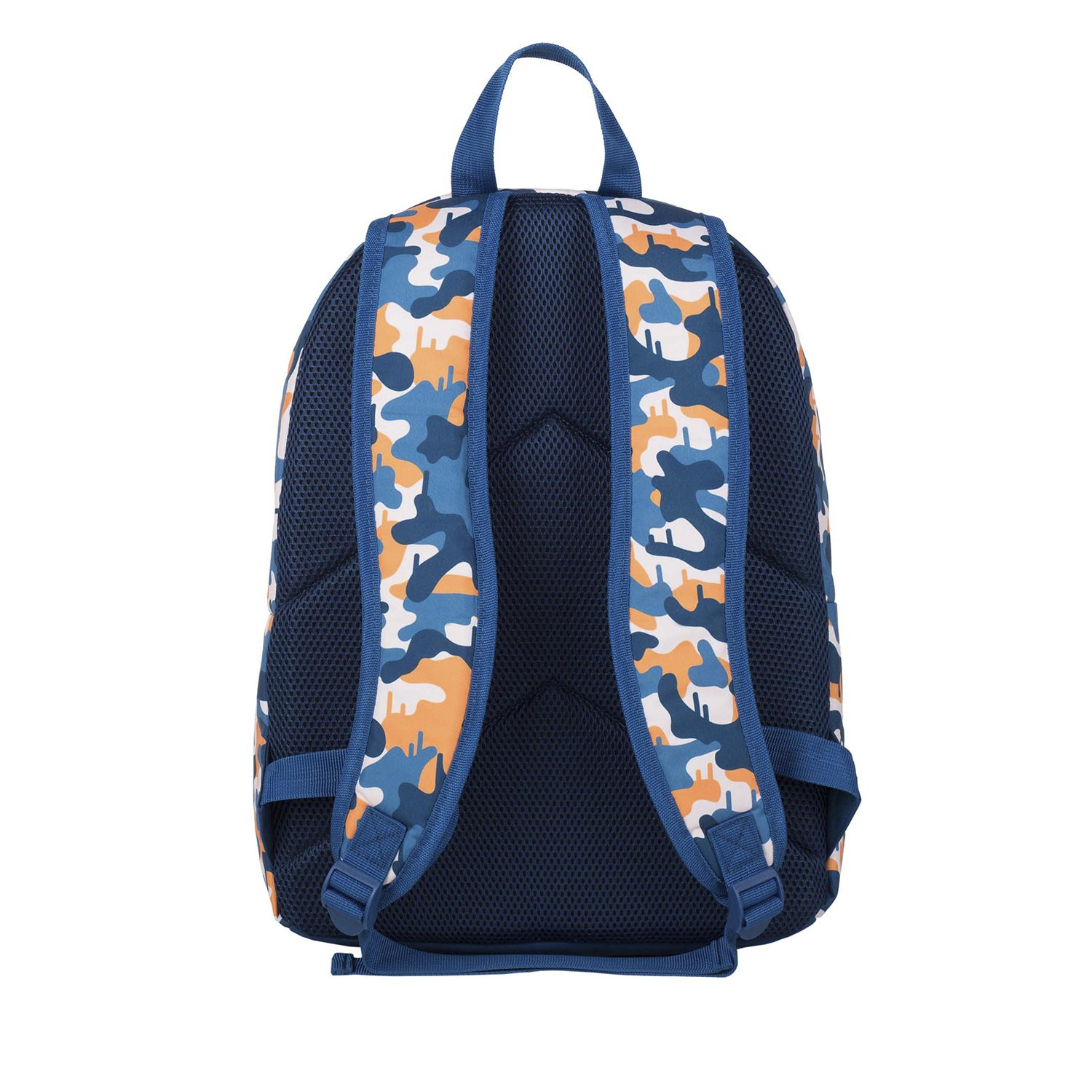 Vista trasera de una mochila con estampado de camuflaje en naranja, azul y blanco.