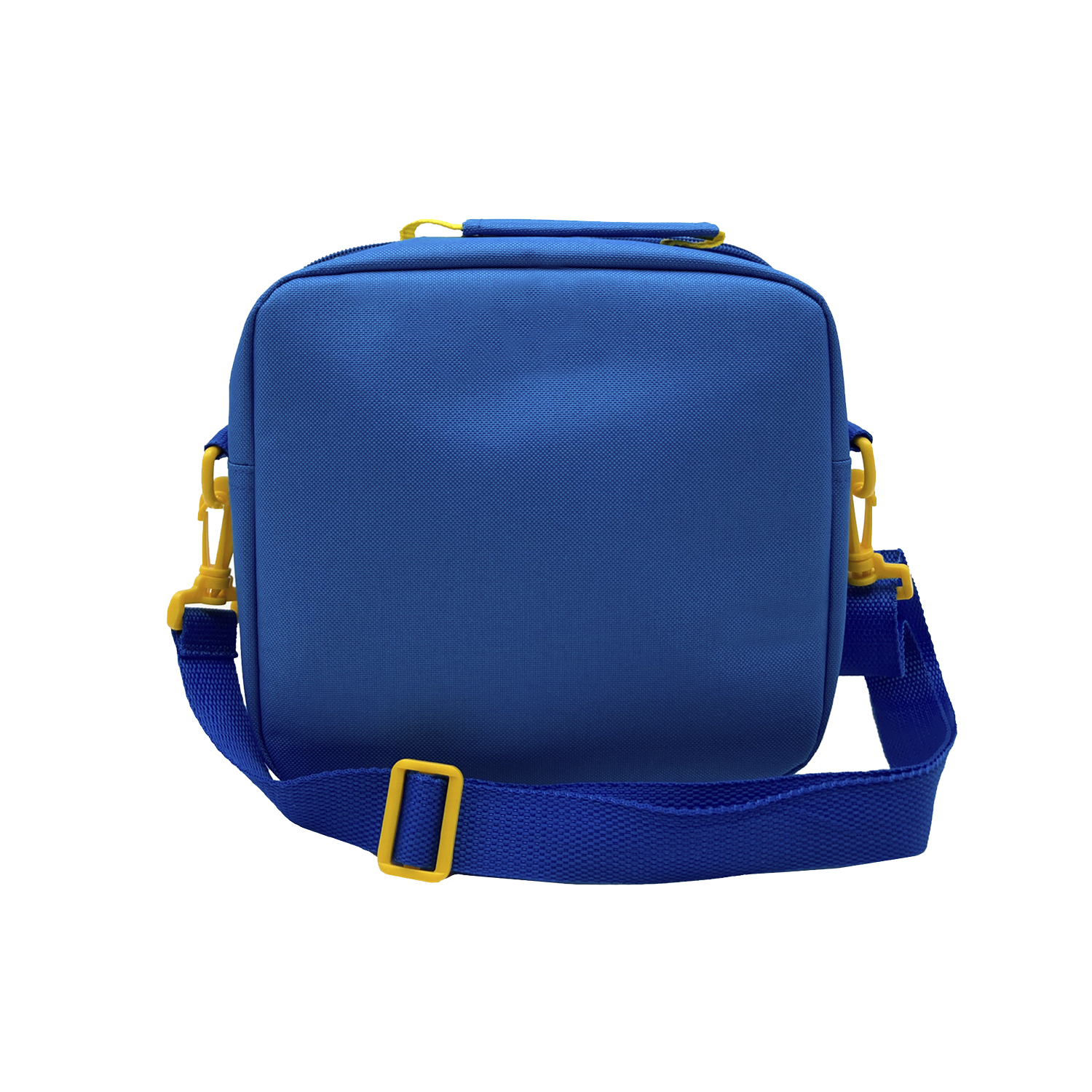 Bolsa de almuerzo azul con cremallera y correa amarillas.