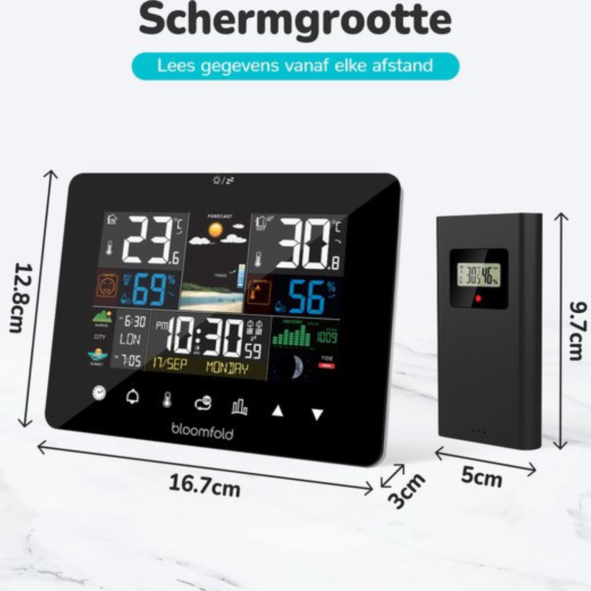 Schwarze Wetterstation mit Anzeige. Zeigt Temperatur, Luftfeuchtigkeit und Zeit.
