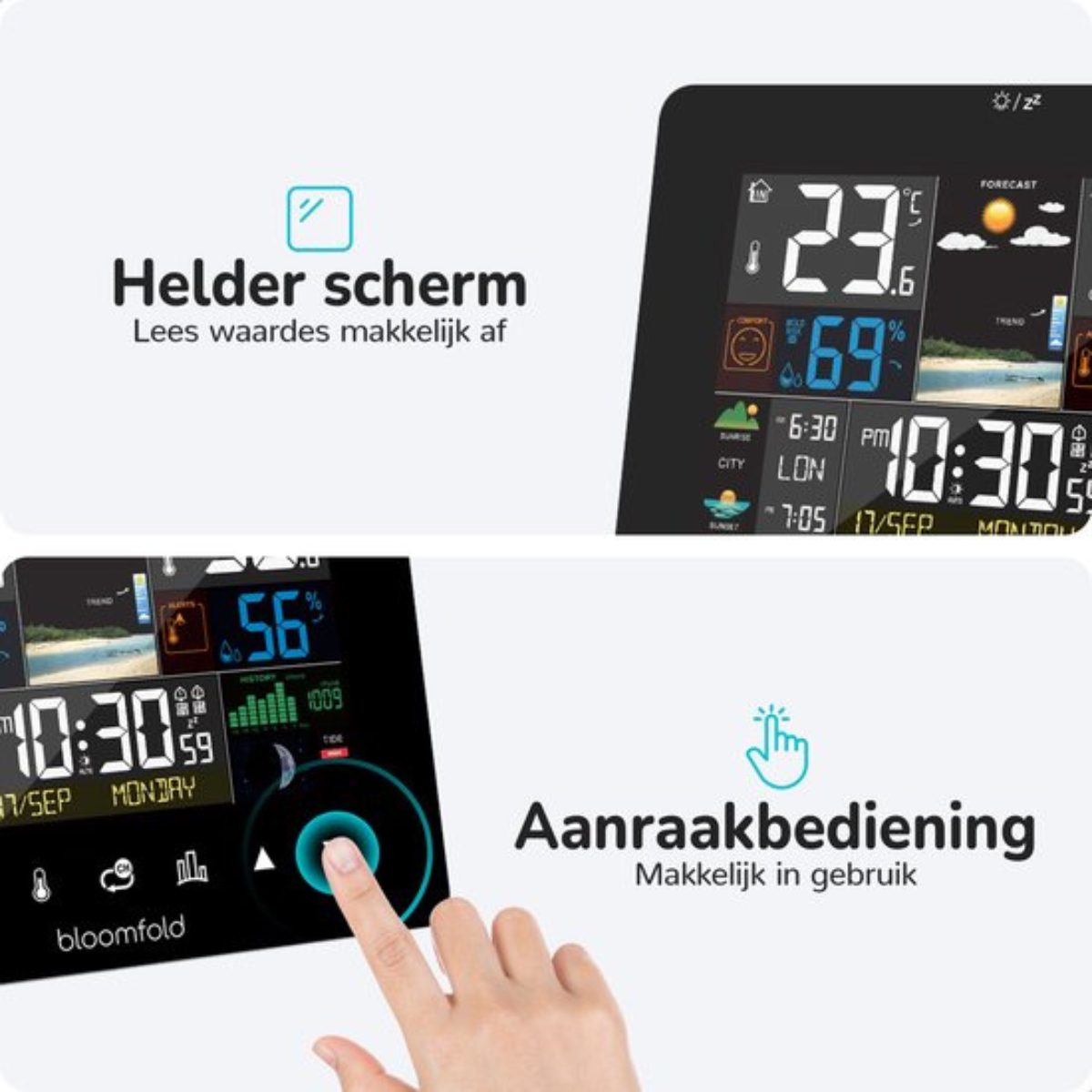 Digitale Wetterstation, Bildschirm zeigt Temperatur und Luftfeuchtigkeit, Text sagt 'klares Bild'.