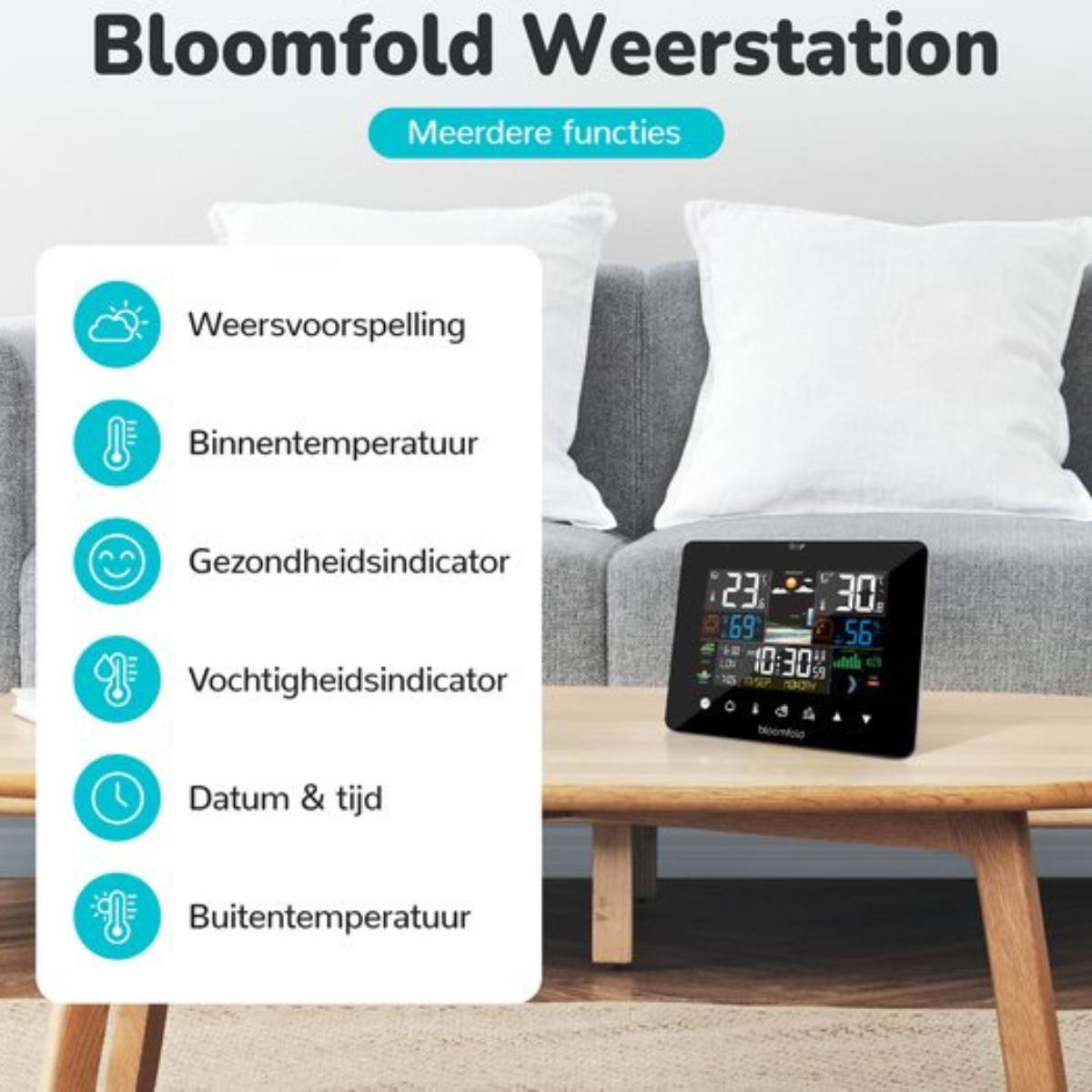 Eine Wetterstation zeigt Daten auf einem Tisch. Text links beschreibt Wetterfunktionen.