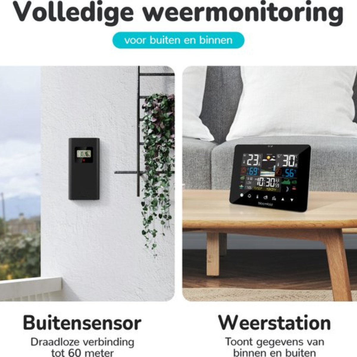 Wetterstation mit schwarzem Sensor draußen und digitaler Anzeige drinnen.