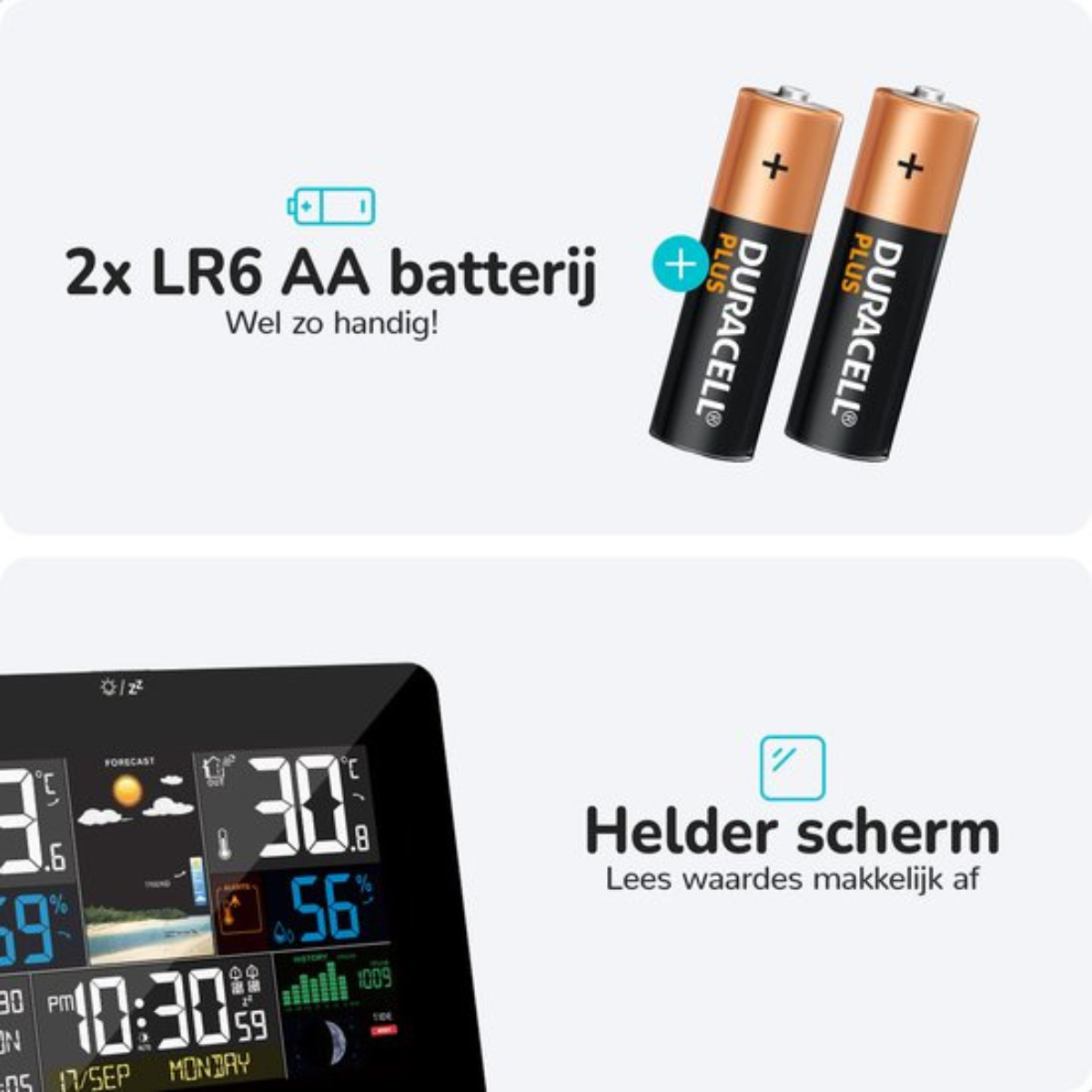 Ein schwarzes Gerät mit einem Bildschirm, der Zeit- und Wetterinformationen anzeigt, und zwei Batterien.