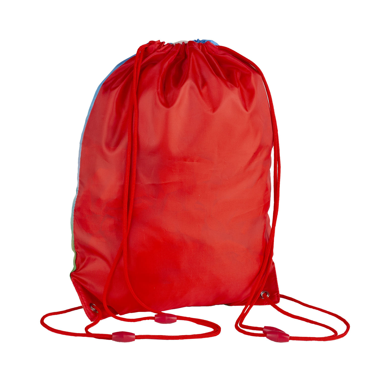 Bolsa roja con cordón y cordones rojos sobre fondo blanco.
