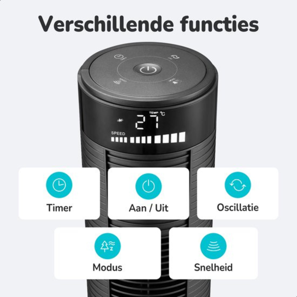 Schwarzes Lüfterbedienfeld mit verschiedenen Funktionssymbolen und Digitalanzeige.