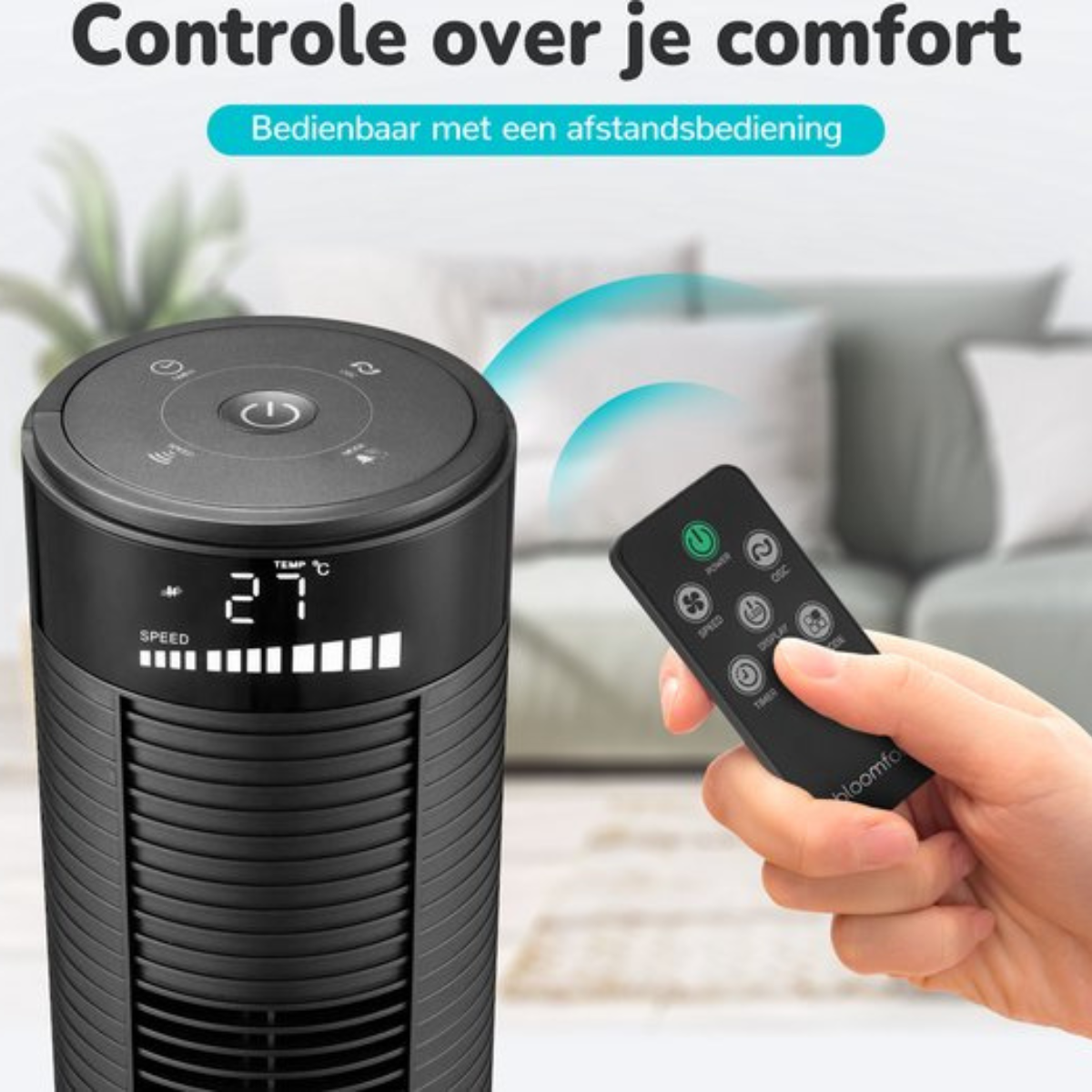 Schwarzer Turmventilator mit Bedienfeld und Fernbedienung.