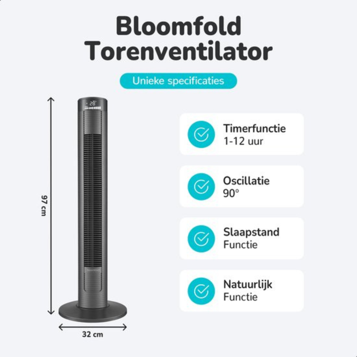 Hoher schwarzer Turmventilator mit rundem Sockel. Text mit Funktionen und Abmessungen. Weißer Hintergrund.