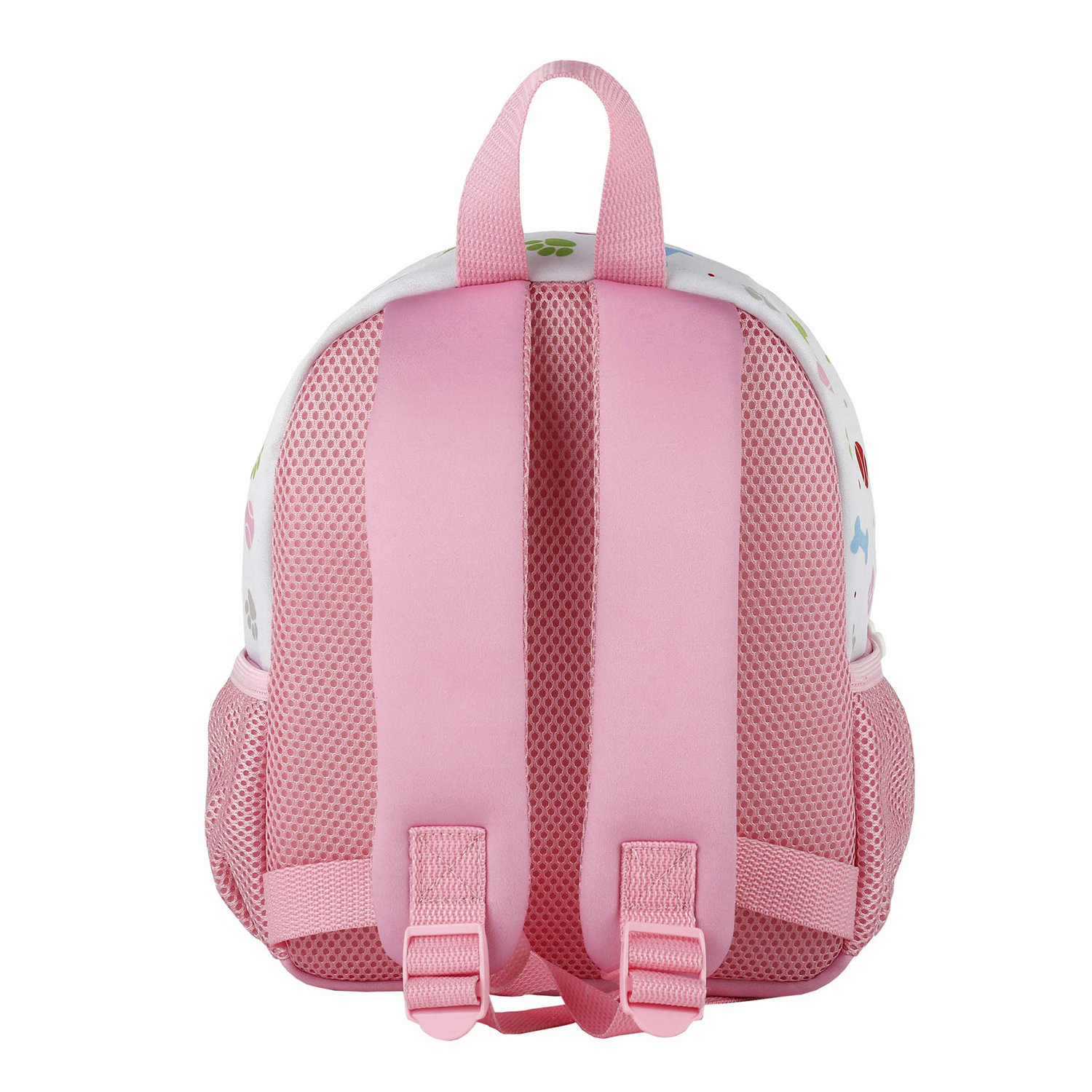 Una mochila rosa y blanca con correas rosas y una espalda de malla.