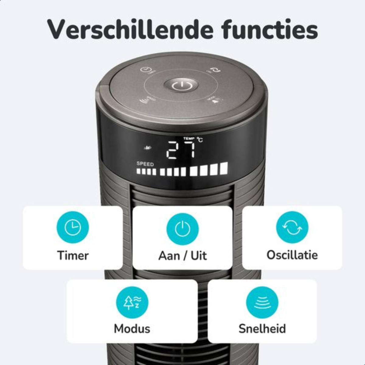 Nahaufnahme eines Lüfters mit Funktionen. Text: 'Vershillende functies'.