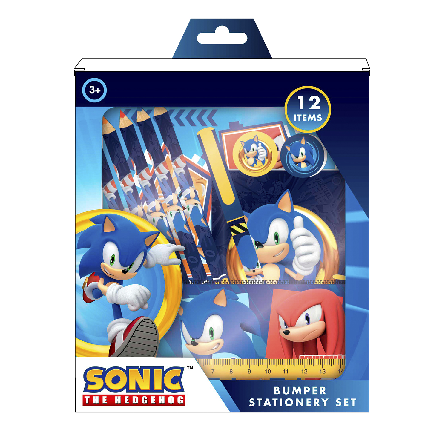 Embalaje de juego de papelería de Sonic the Hedgehog con ilustraciones de personajes y texto.