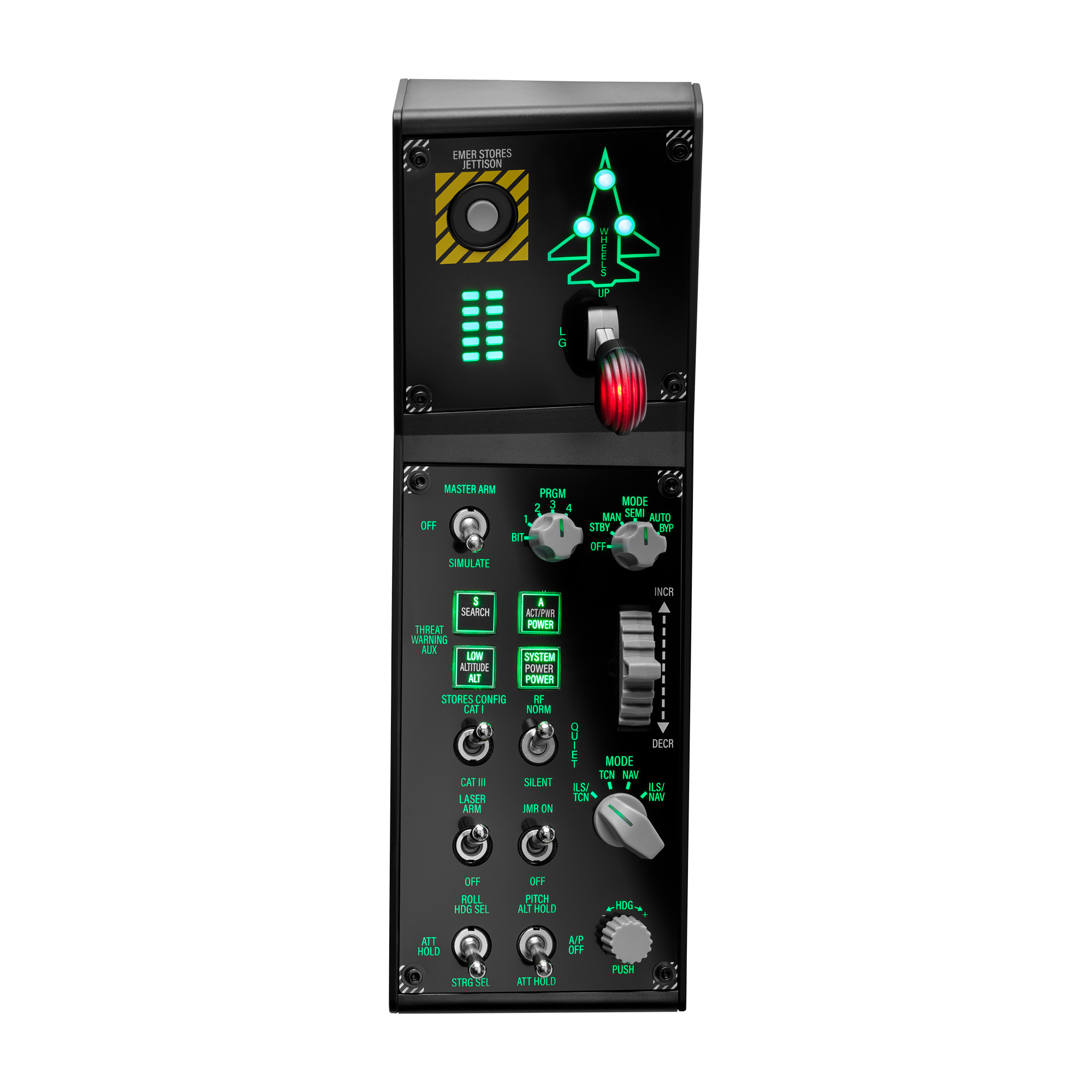 Czarny panel kontrolny samolotu z różnymi przyciskami, przełącznikami i światłami. Zielone światła wskazują funkcje.