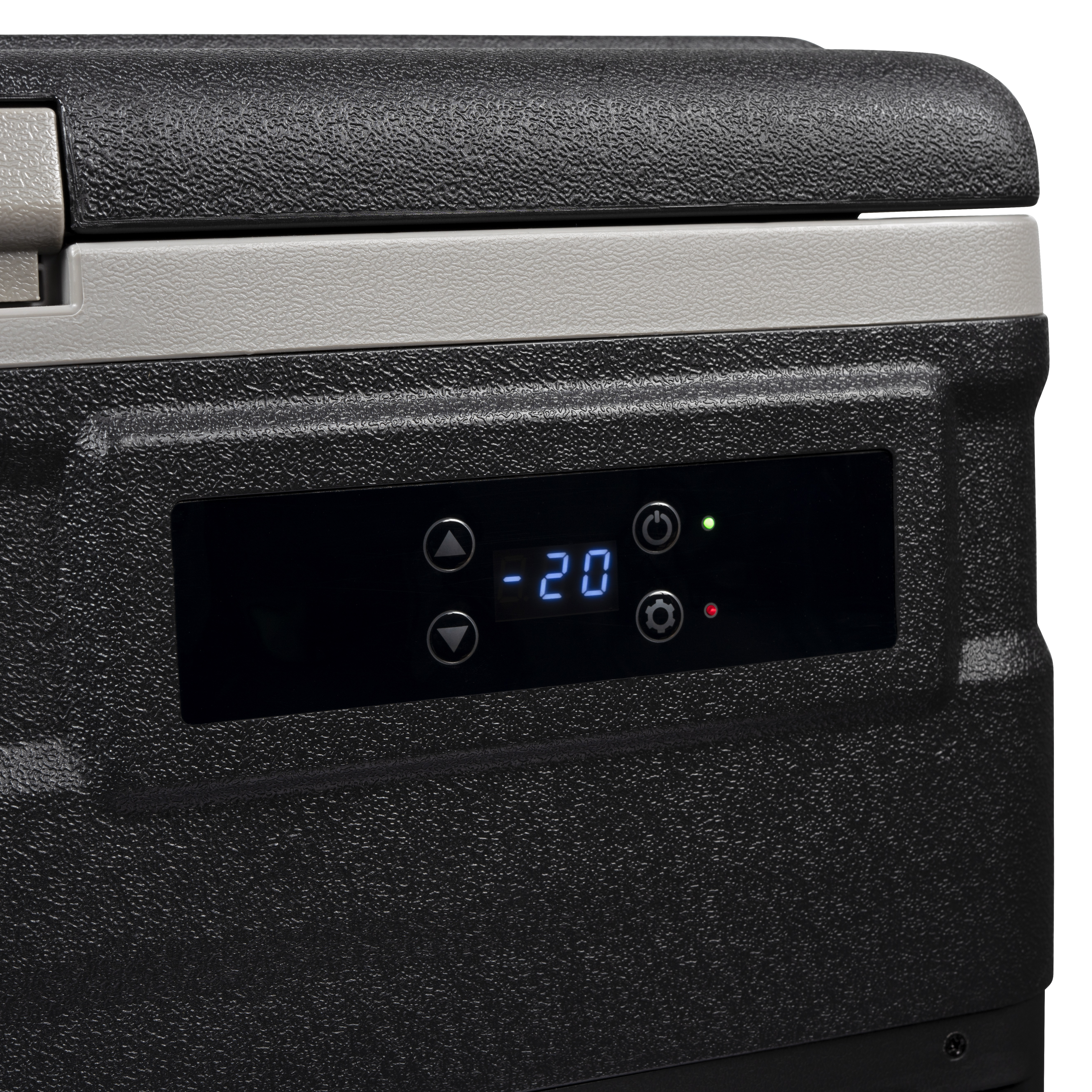 Une glacière noire avec affichage numérique indiquant -20 degrés. Boutons et lumières visibles.