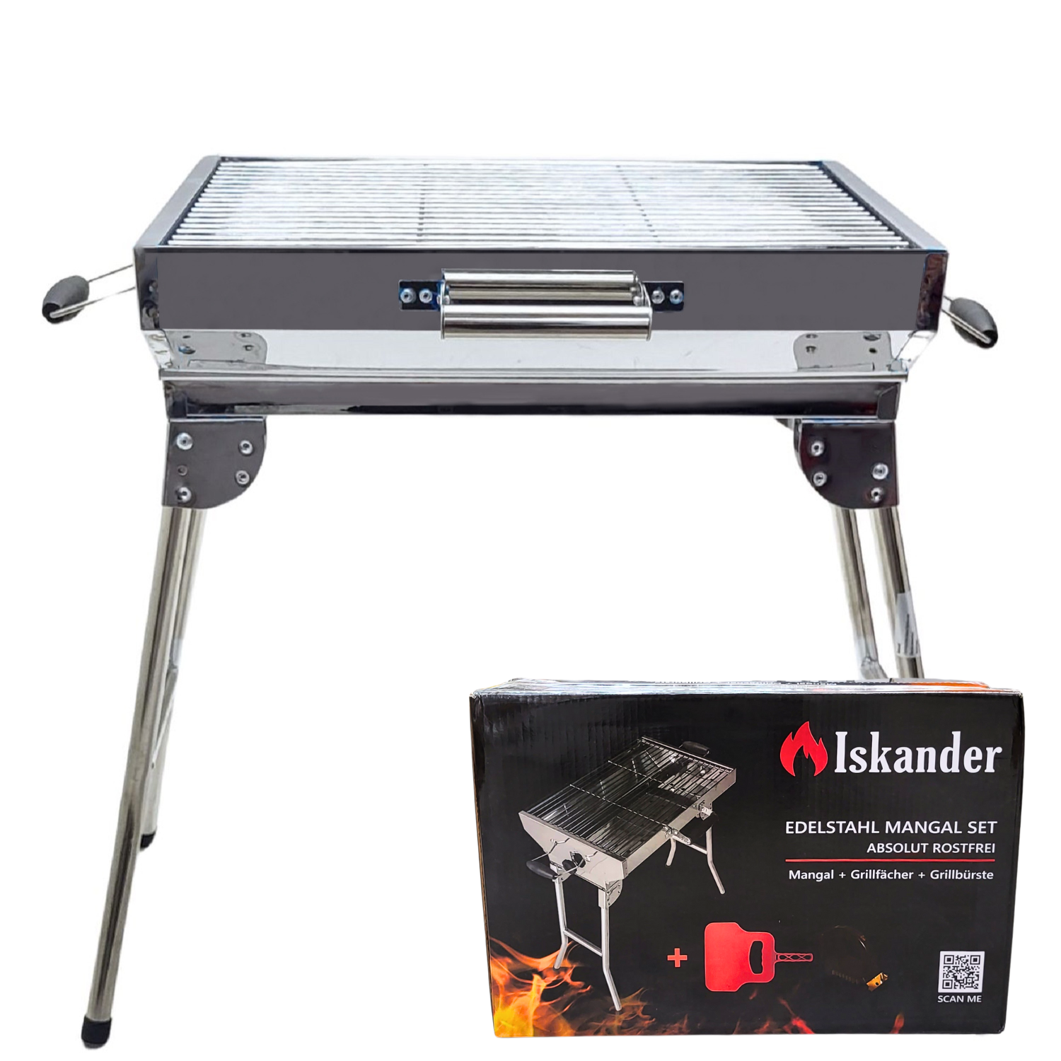Ein schwarz-silberner Grill mit einer Box, die Grill und Zubehör auf weißem Grund zeigt.