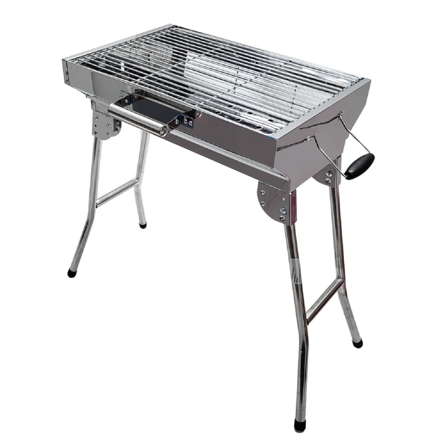 Ein zusammenklappbarer Edelstahl-Grill auf weißem Hintergrund.