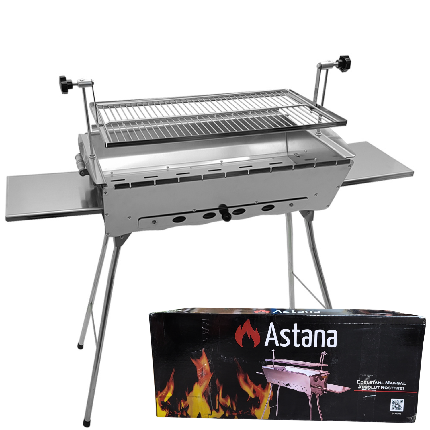 Grill aus Edelstahl mit einer Box. Der Grill hat einen Rost und zwei Tische.