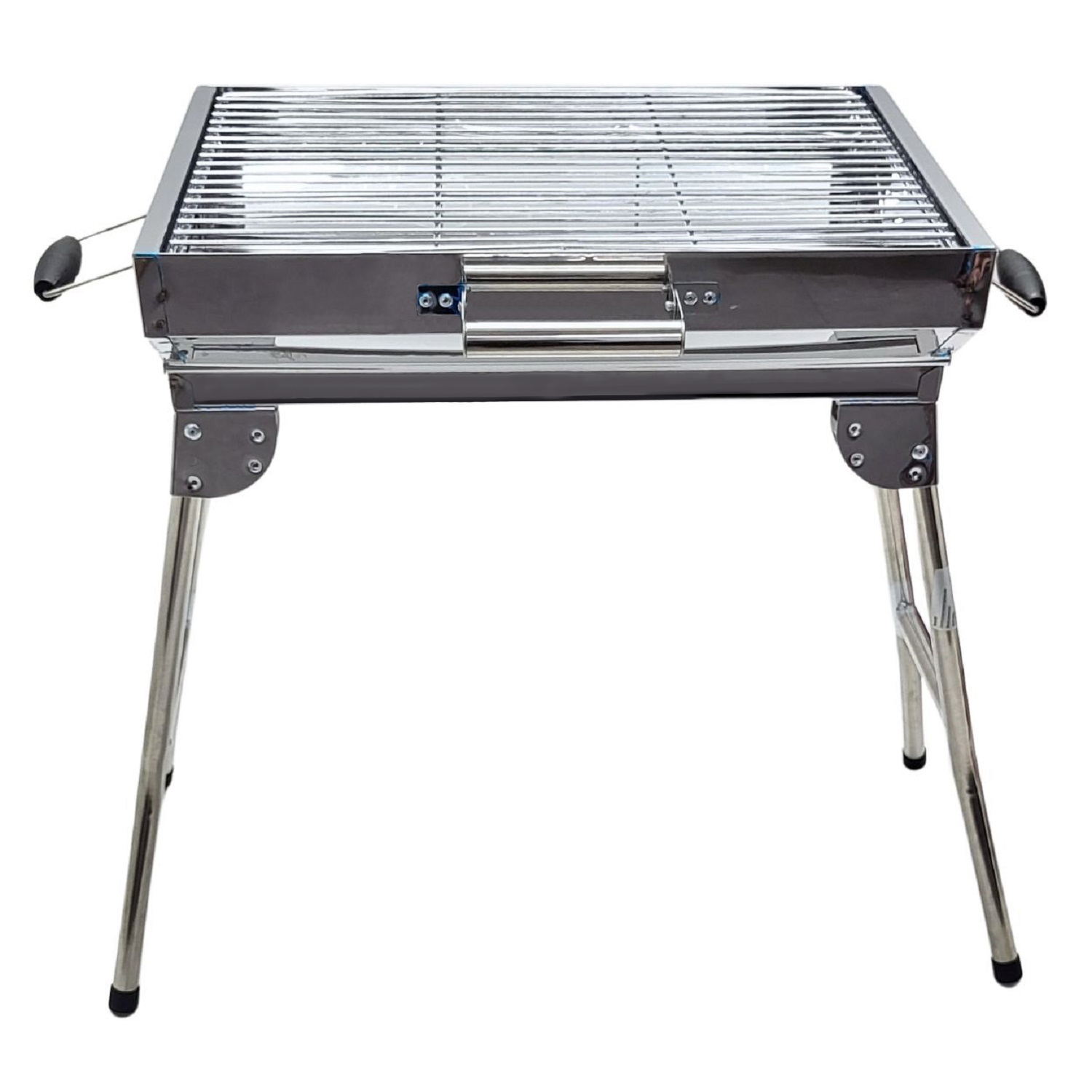 Ein Edelstahlgrill mit rechteckiger Kochfläche und klappbaren Beinen.