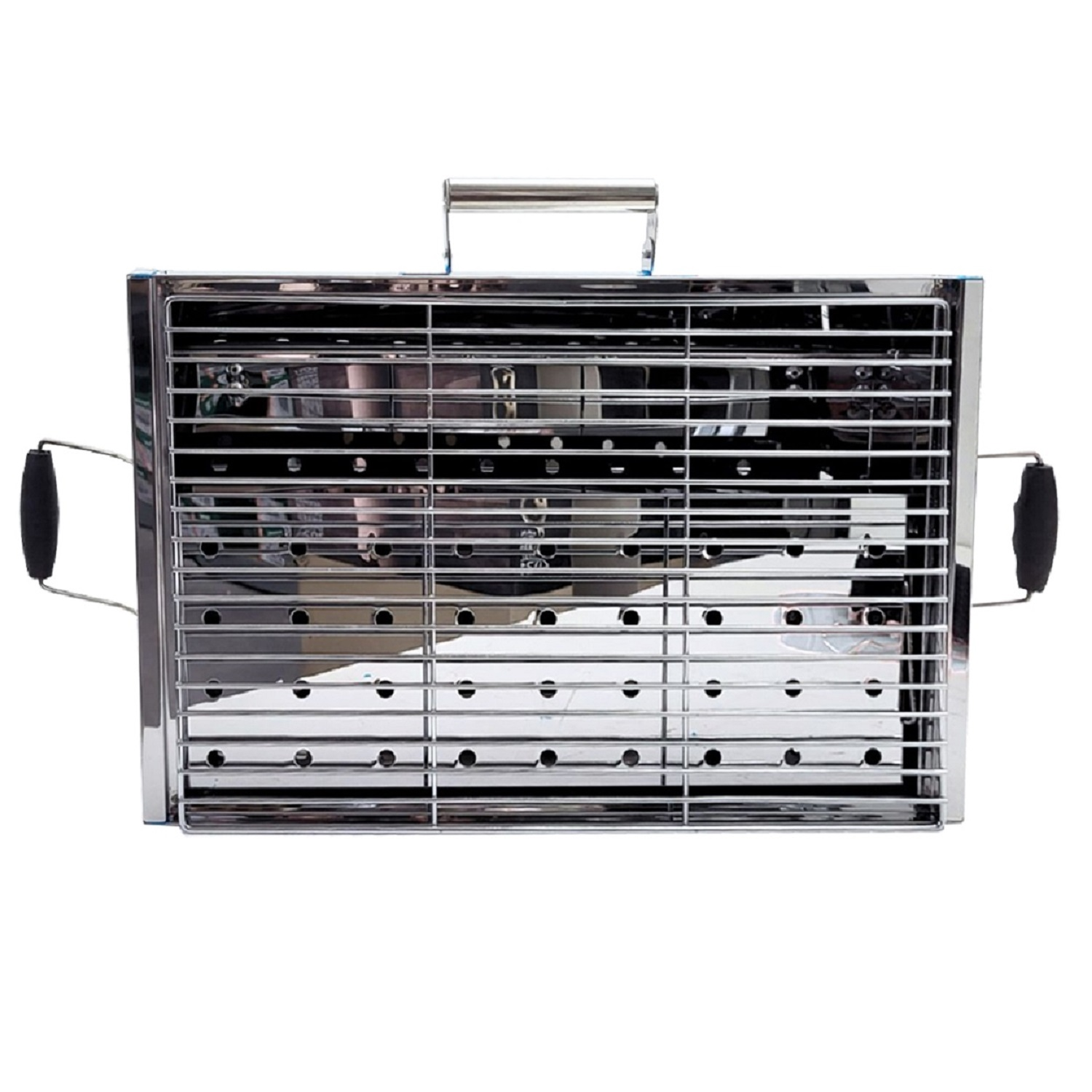 Ein Edelstahl-Grill mit Griff und zwei Seitengriffen. Es hat eine rechteckige Form.