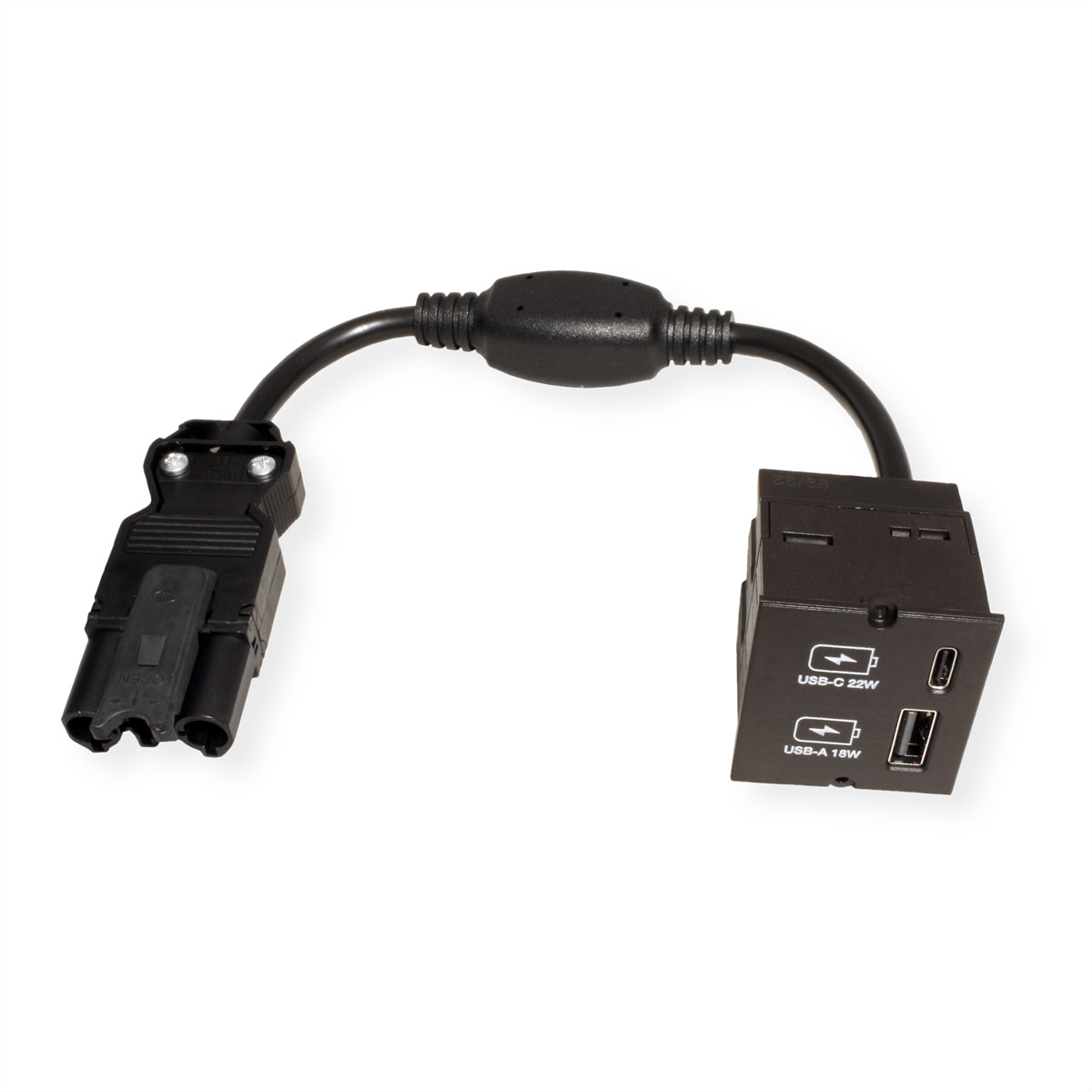 Schwarzer Adapter mit USB-C- und USB-A-Anschlüssen, verbunden durch ein schwarzes Kabel mit einem Stecker.