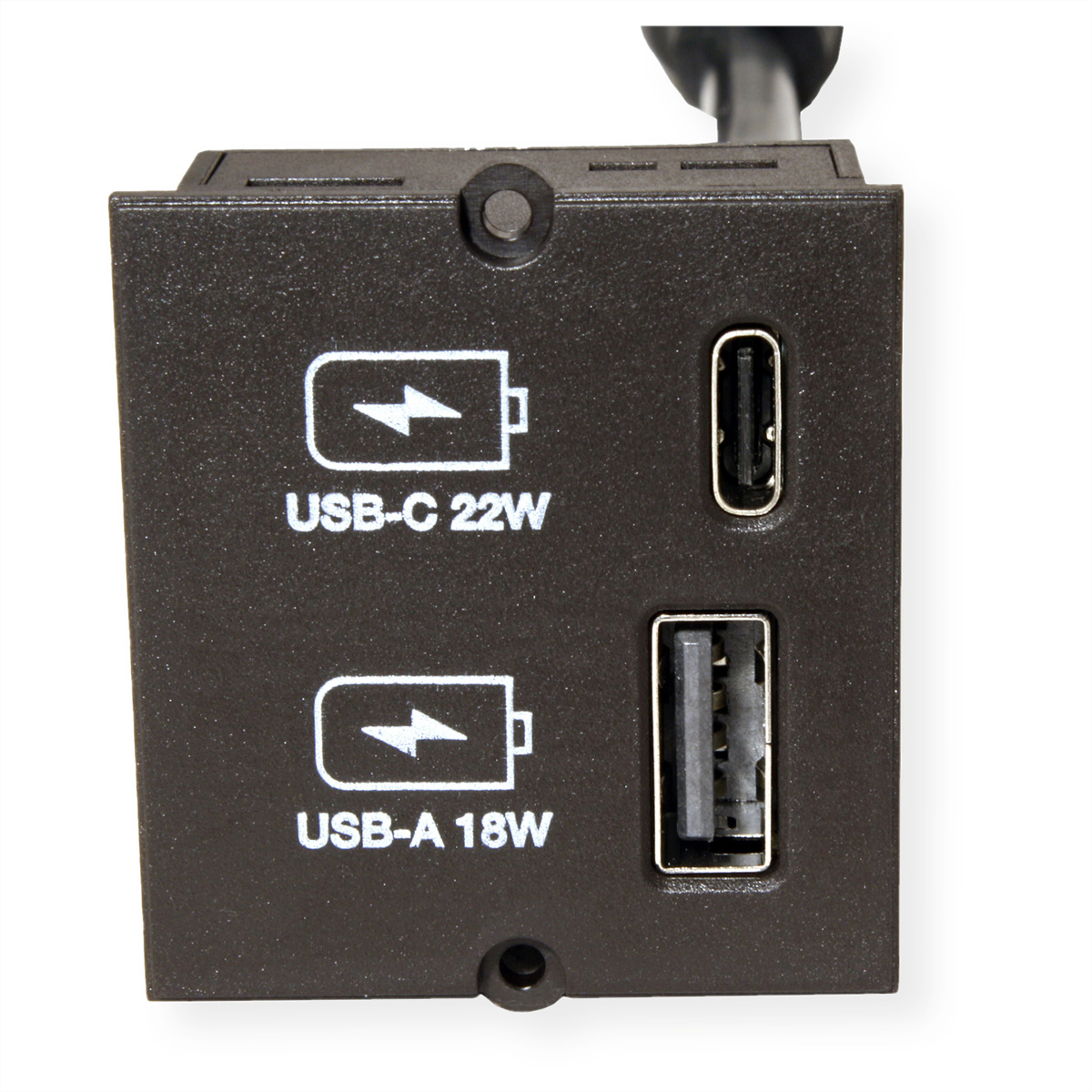 Schwarze USB-Ladestation mit USB-C- und USB-A-Anschlüssen. Weißer Hintergrund, mit Text.