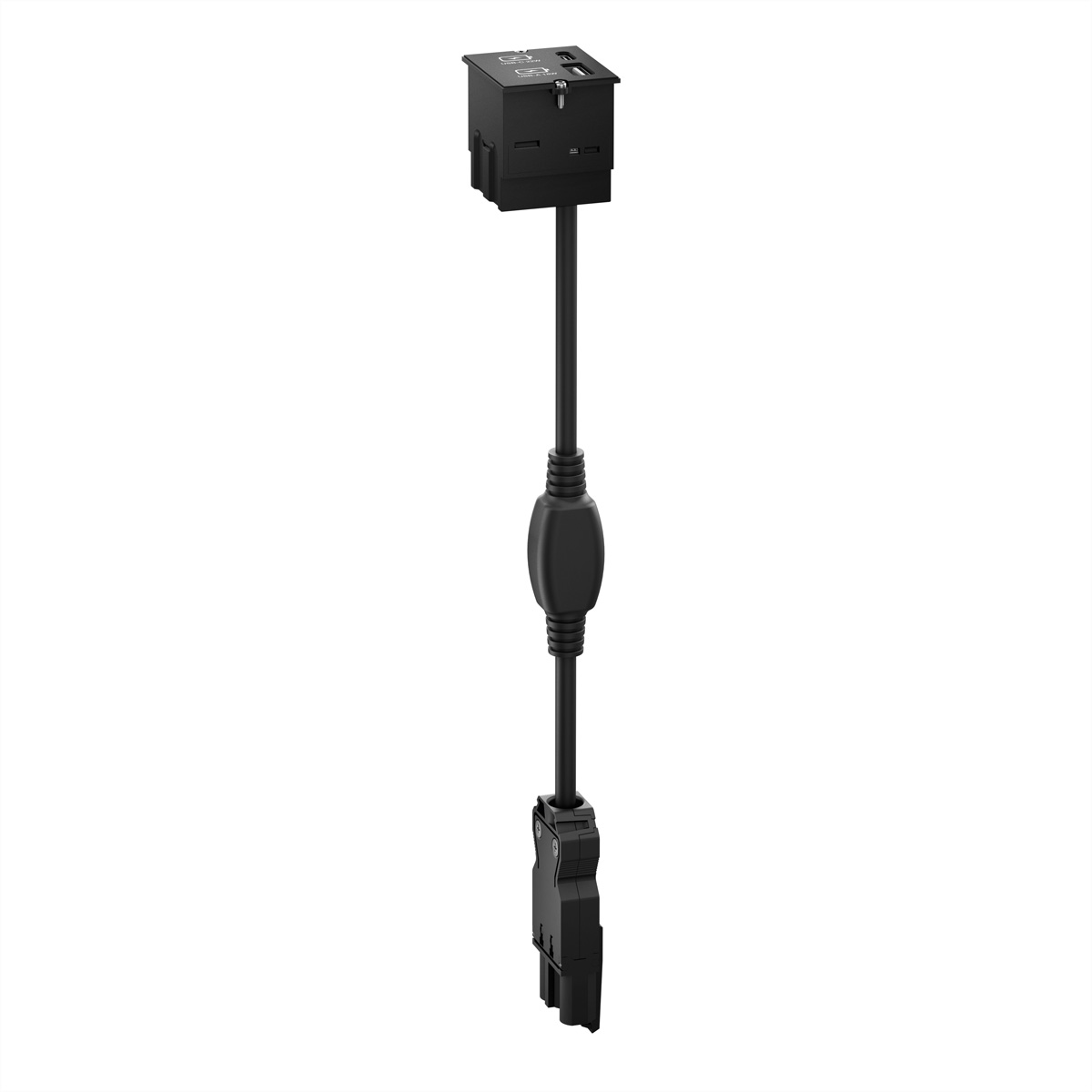 Schwarzes Kabel mit mehreren USB- und SD-Karten-Anschlüssen. Es hat ein langes, schwarzes Kabel.