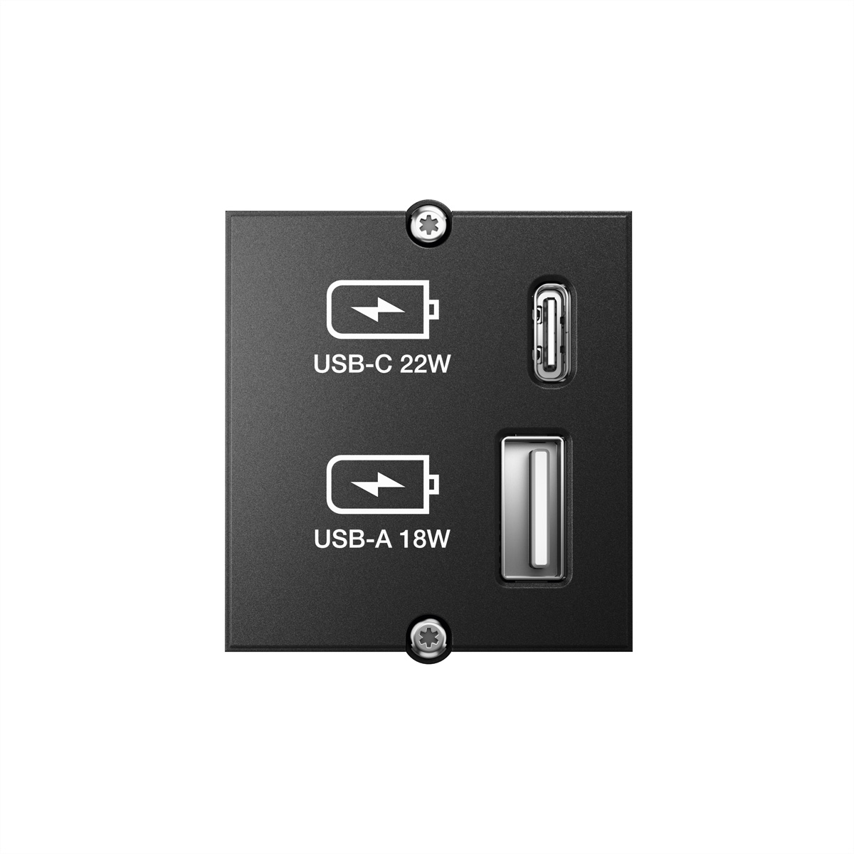 Schwarze Steckdose mit USB-C- und USB-A-Anschlüssen. Etiketten zeigen die Leistung an.
