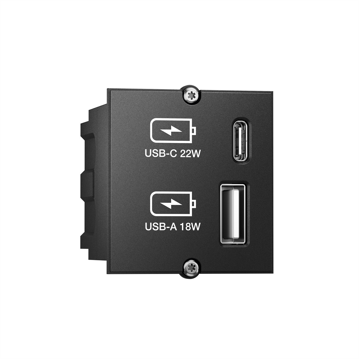 Eine schwarze Steckdose mit USB-C- und USB-A-Anschlüssen, beschriftet mit Wattzahl und Ladesymbolen.