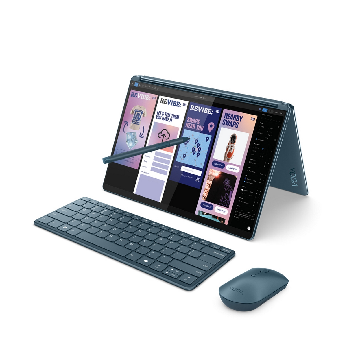 Un laptop blu con tastiera e mouse. Lo schermo mostra un sito web.