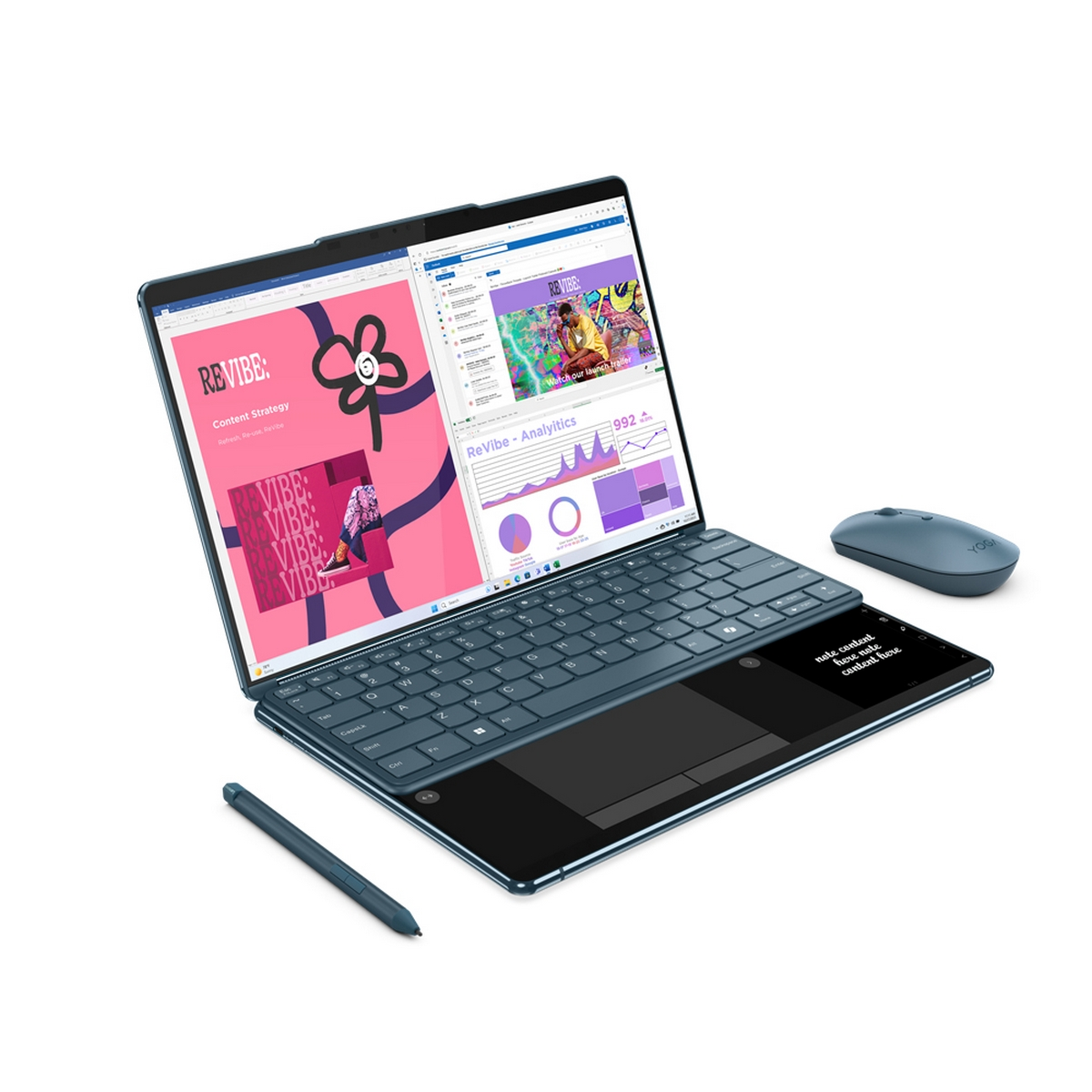 Laptop con tastiera e schermo blu aperti, con penna e mouse accanto.