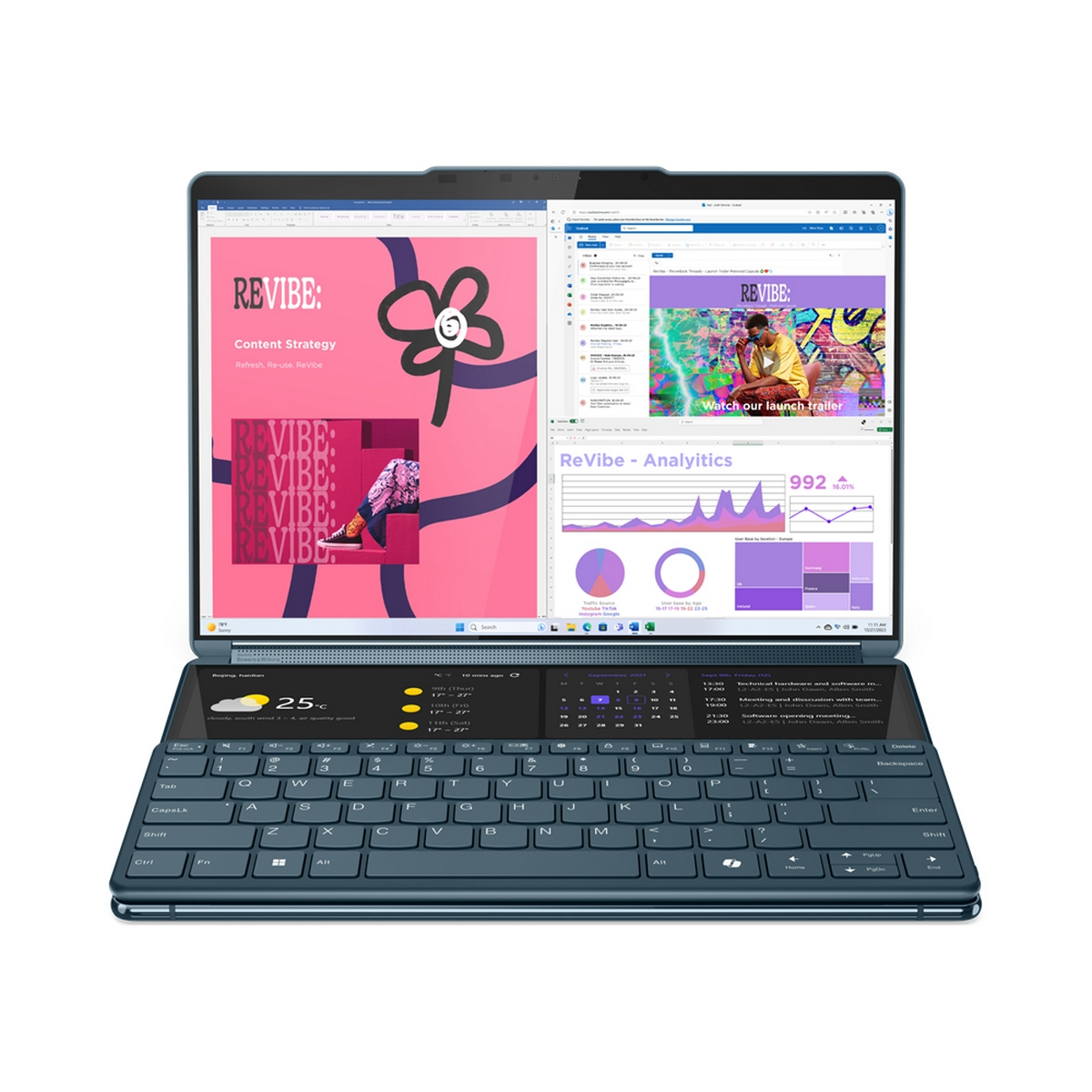 Un laptop blu con due schermi che mostrano documenti e una tastiera sottostante.