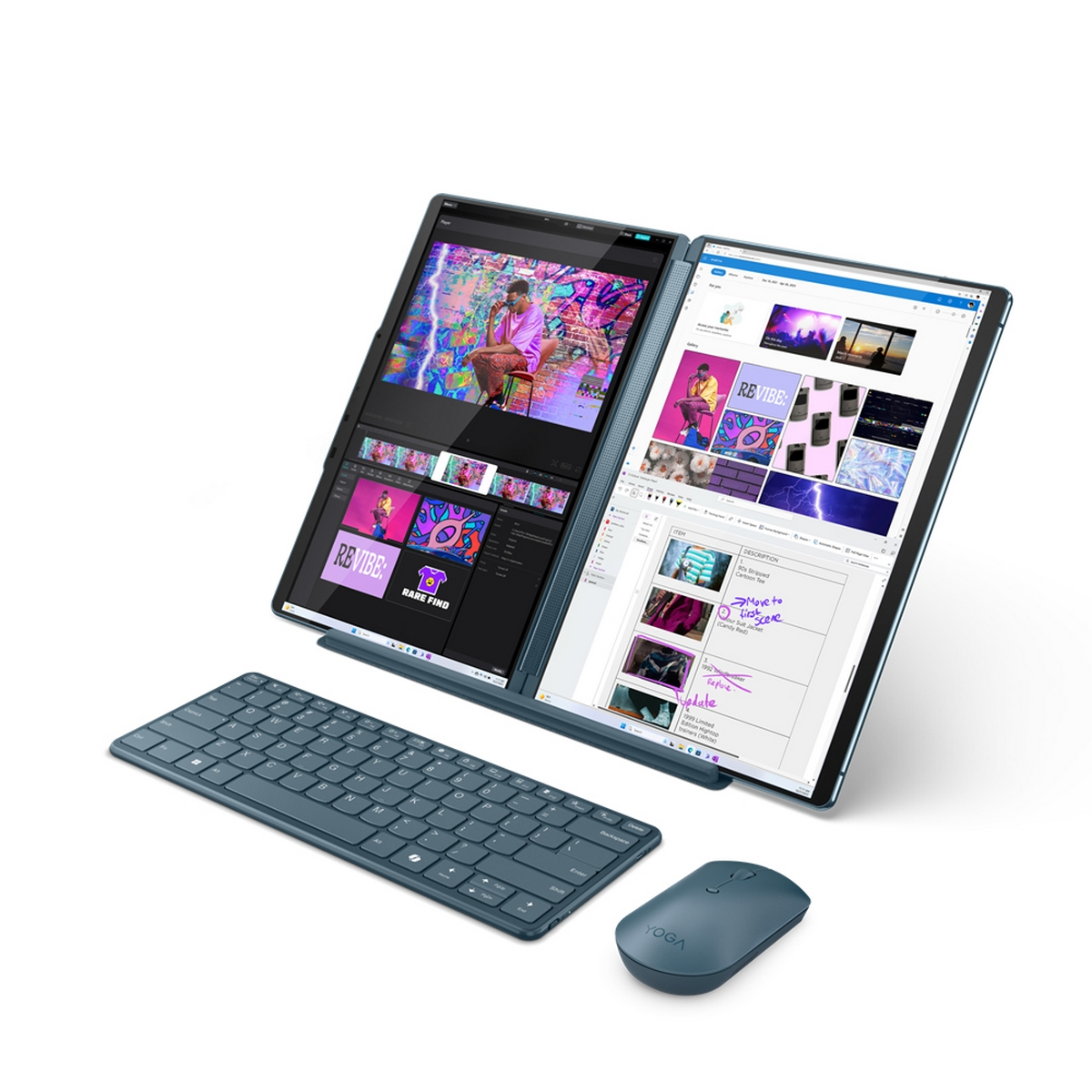 Laptop a doppio schermo con tastiera e mouse. Entrambi gli schermi mostrano diverse interfacce di programma.