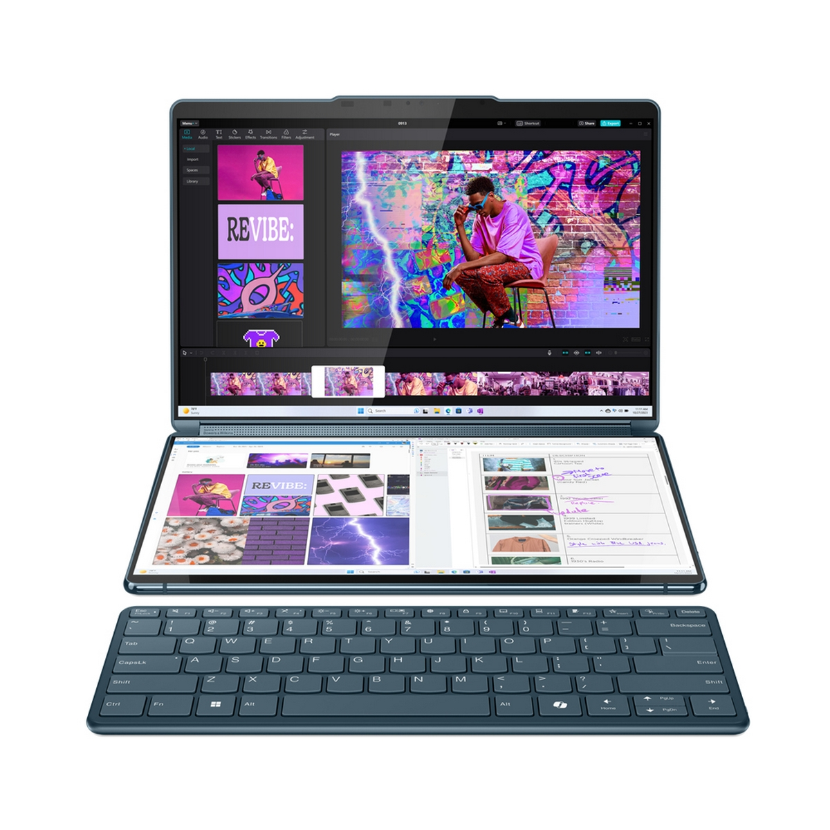 Laptop con due schermi e tastiera separata, mostra interfaccia di design colorata.