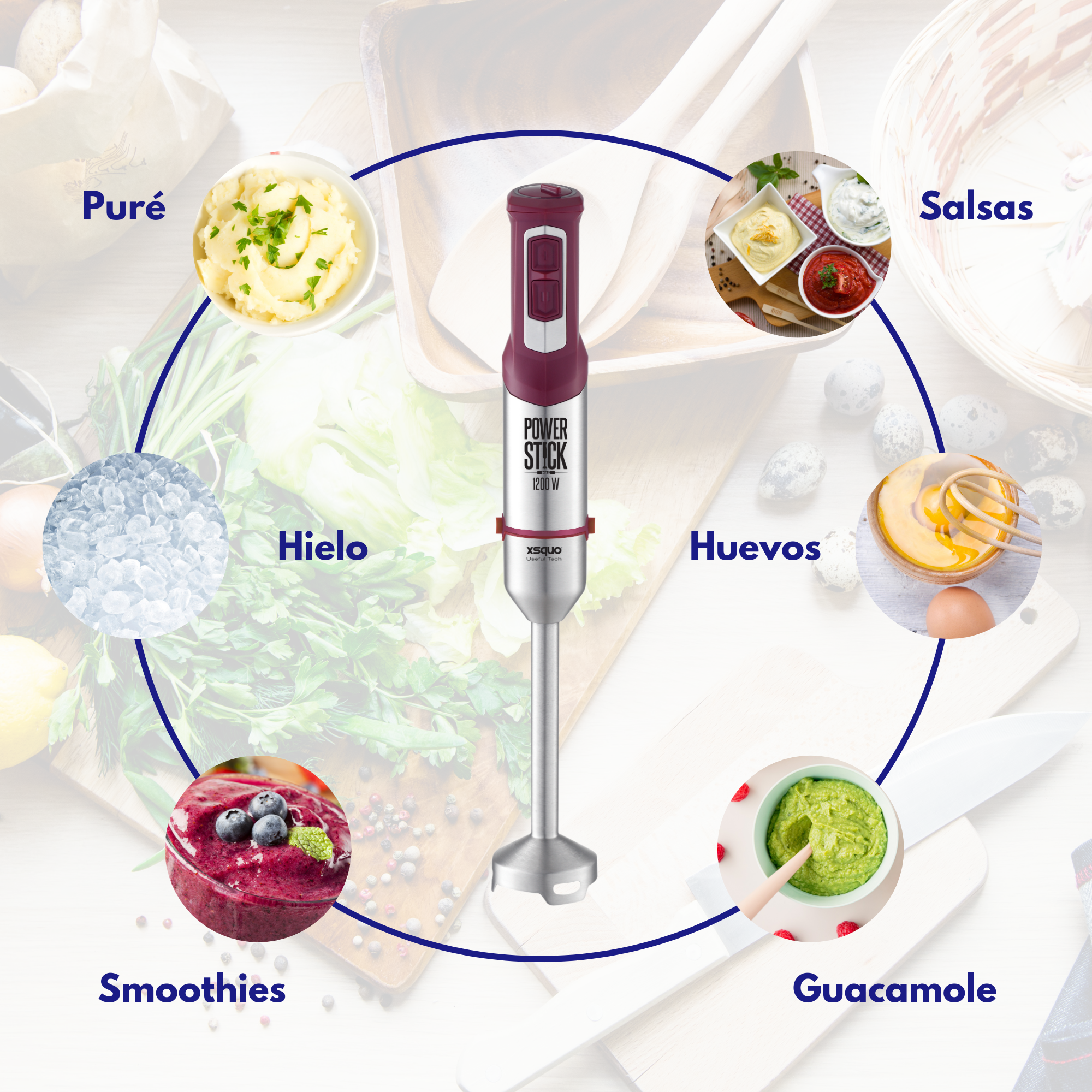 Una licuadora con varios ingredientes: puré, hielo, batidos, guacamole, huevos y salsas.