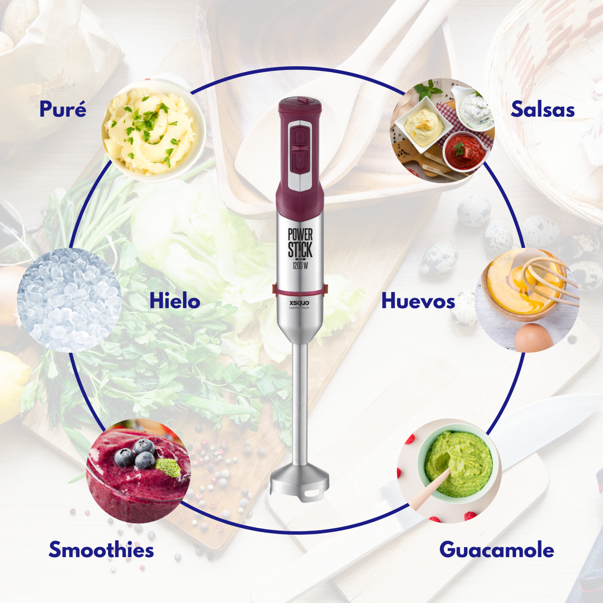 Una licuadora con varios alimentos como batidos, huevos y guacamole en un círculo.