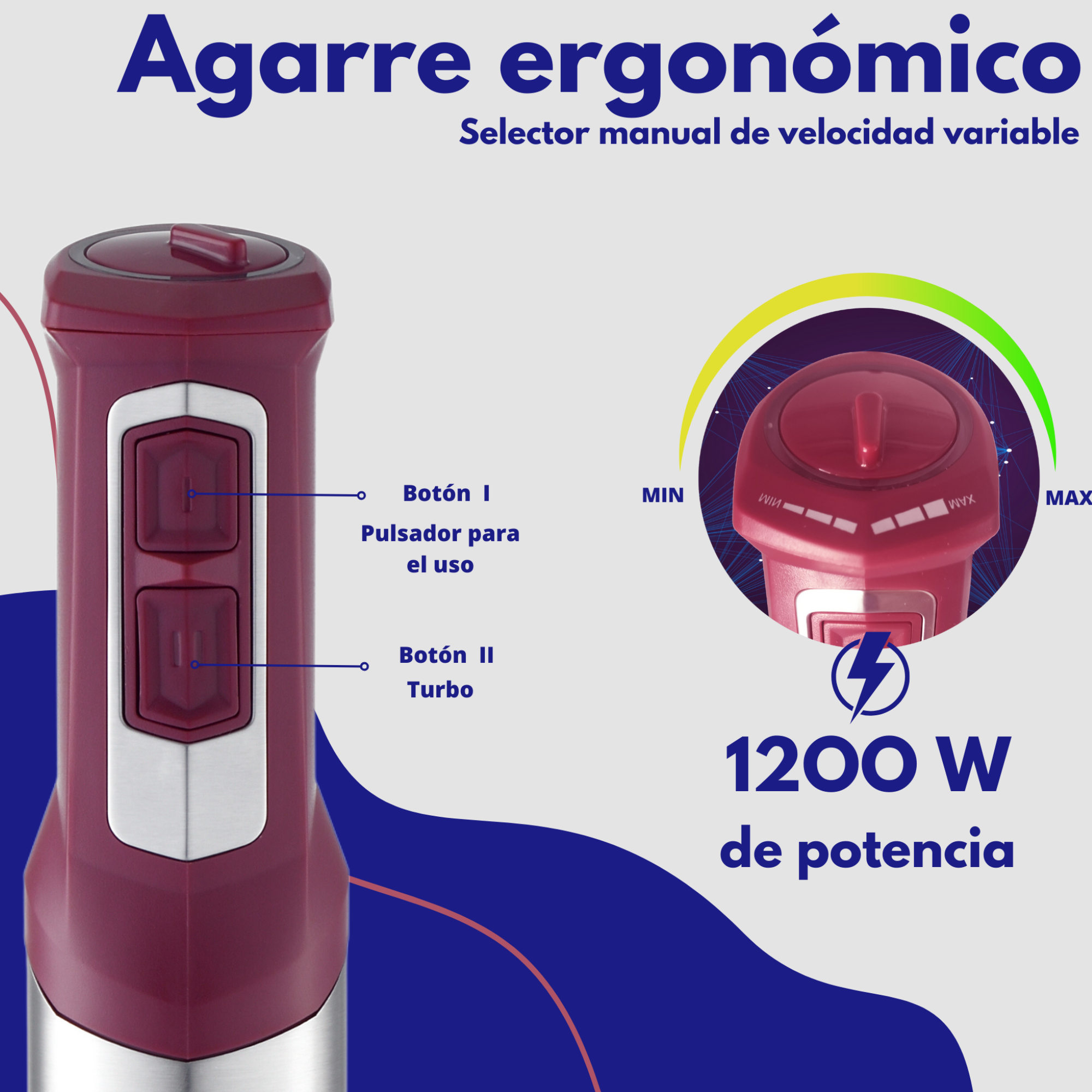Batidora de mano roja mostrando botones, potencia y dial de control de velocidad, y potencia en vatios.