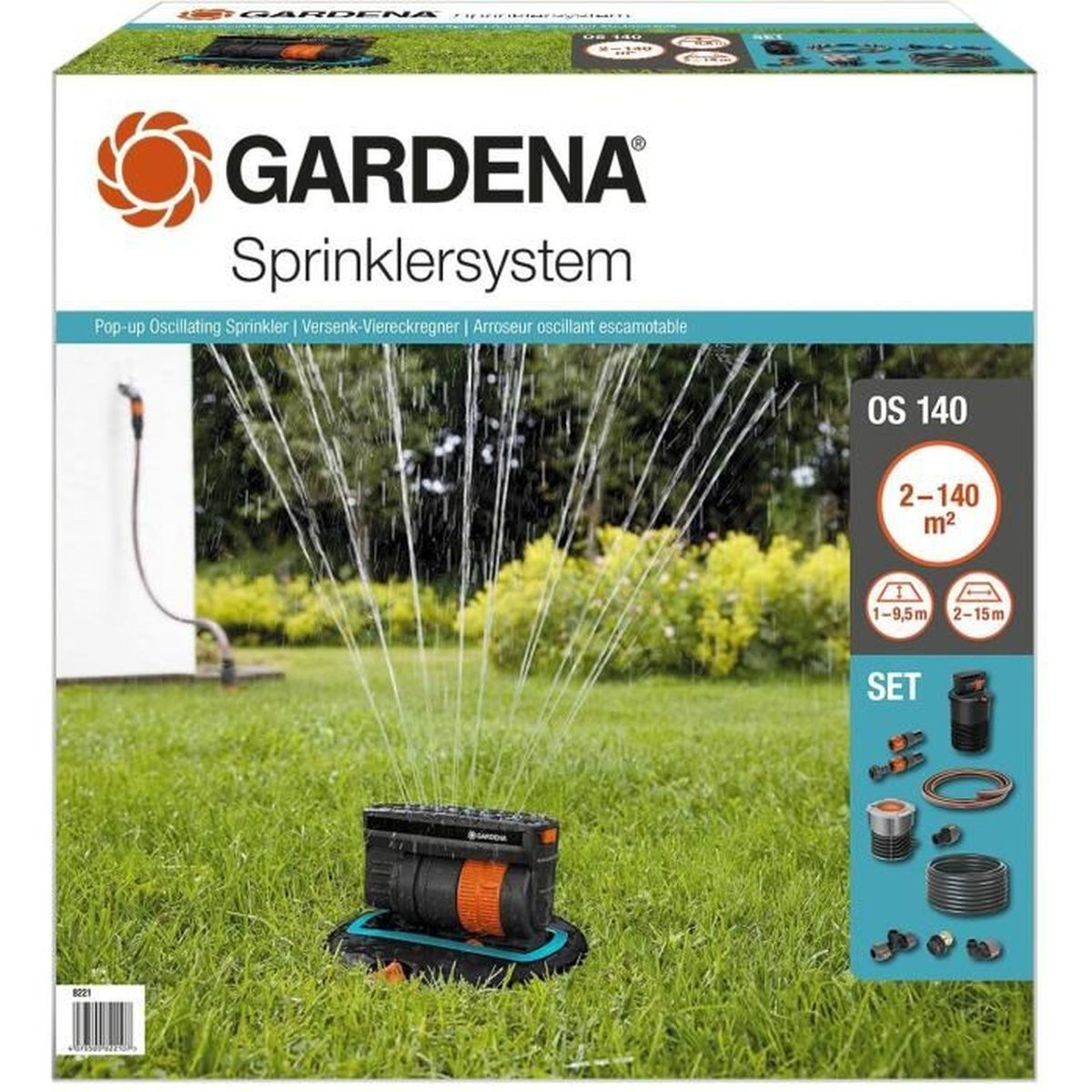 Gartensprinklersystem-Box, die einen Sprinkler in Gebrauch zeigt, mit verschiedenen Komponenten.