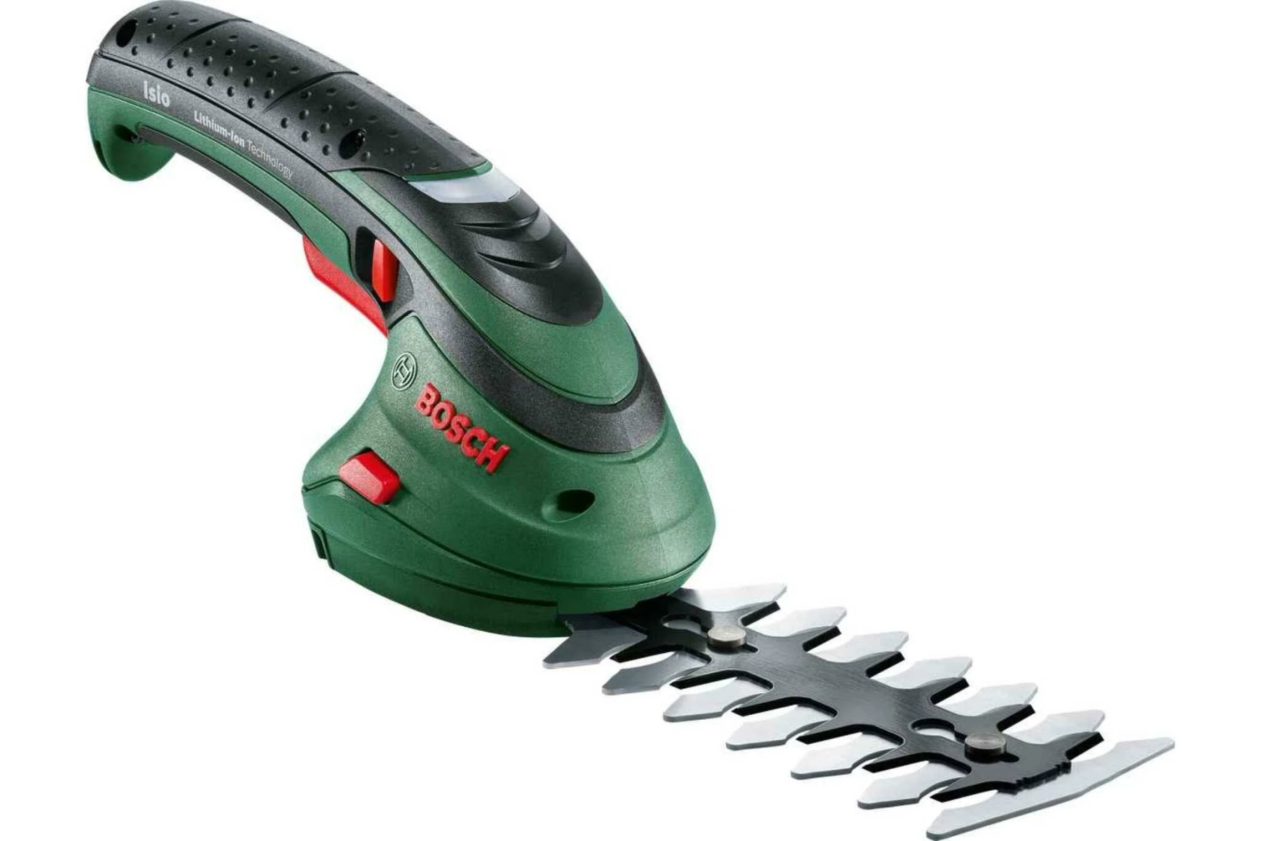 Grüner und schwarzer Bosch Isio Akku-Trimmer. Weißer Hintergrund. Klinge in Aktion.