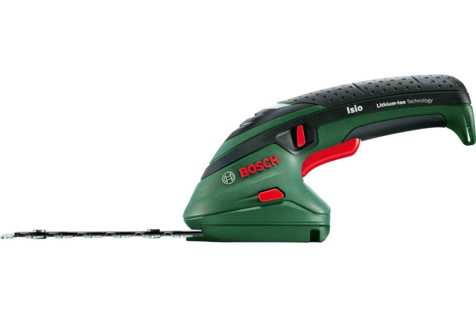 Grüne und schwarze Akku-Heckenschere mit Bosch-Logo.