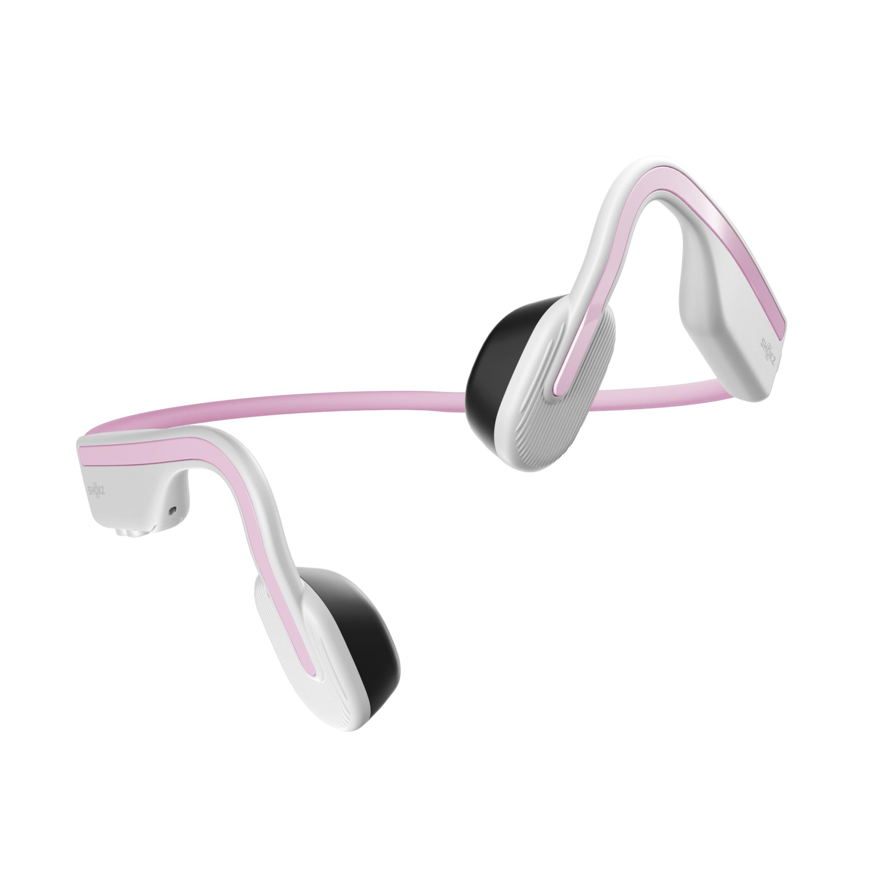 Cuffie a conduzione ossea rosa e bianche, con un design curvo e due auricolari.