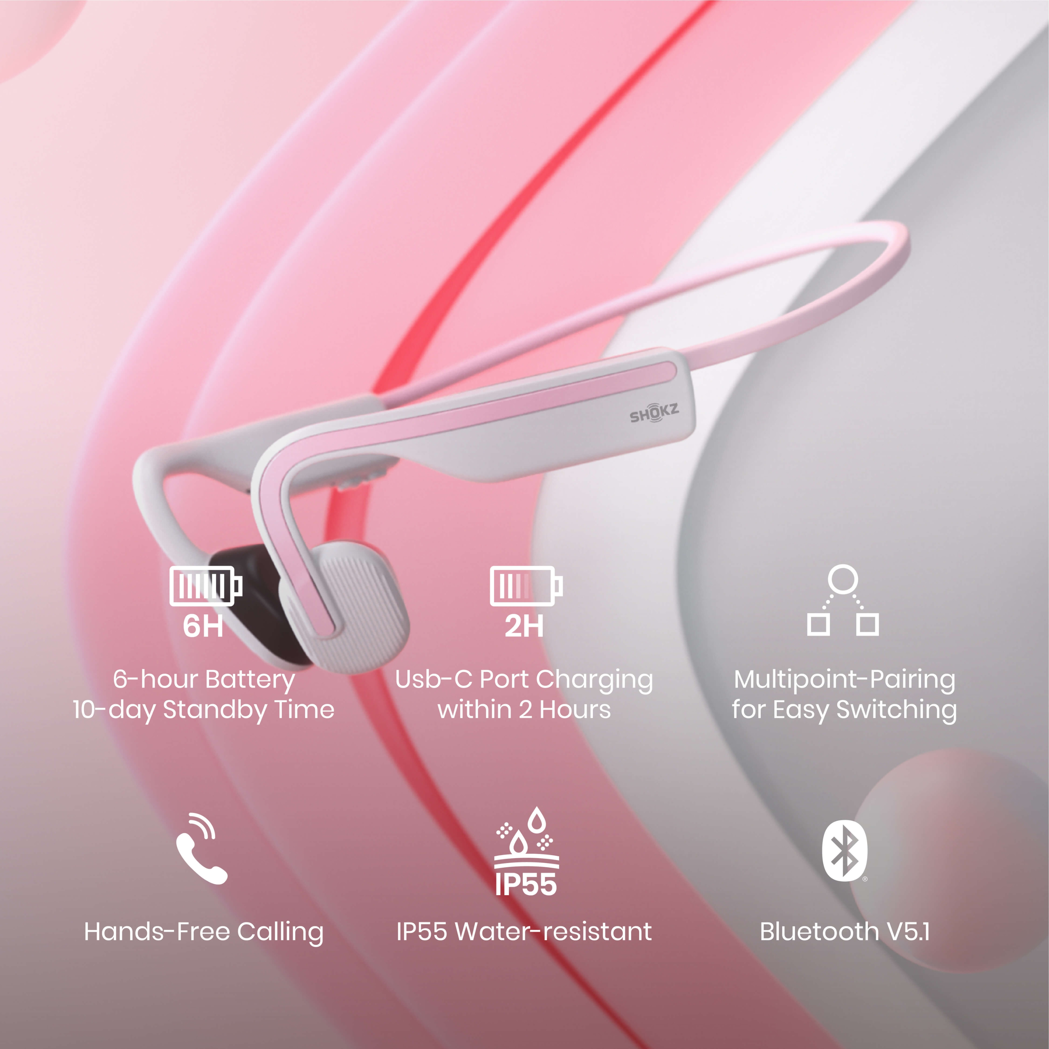 Cuffie wireless bianche e rosa con icone e testo sulle funzioni.
