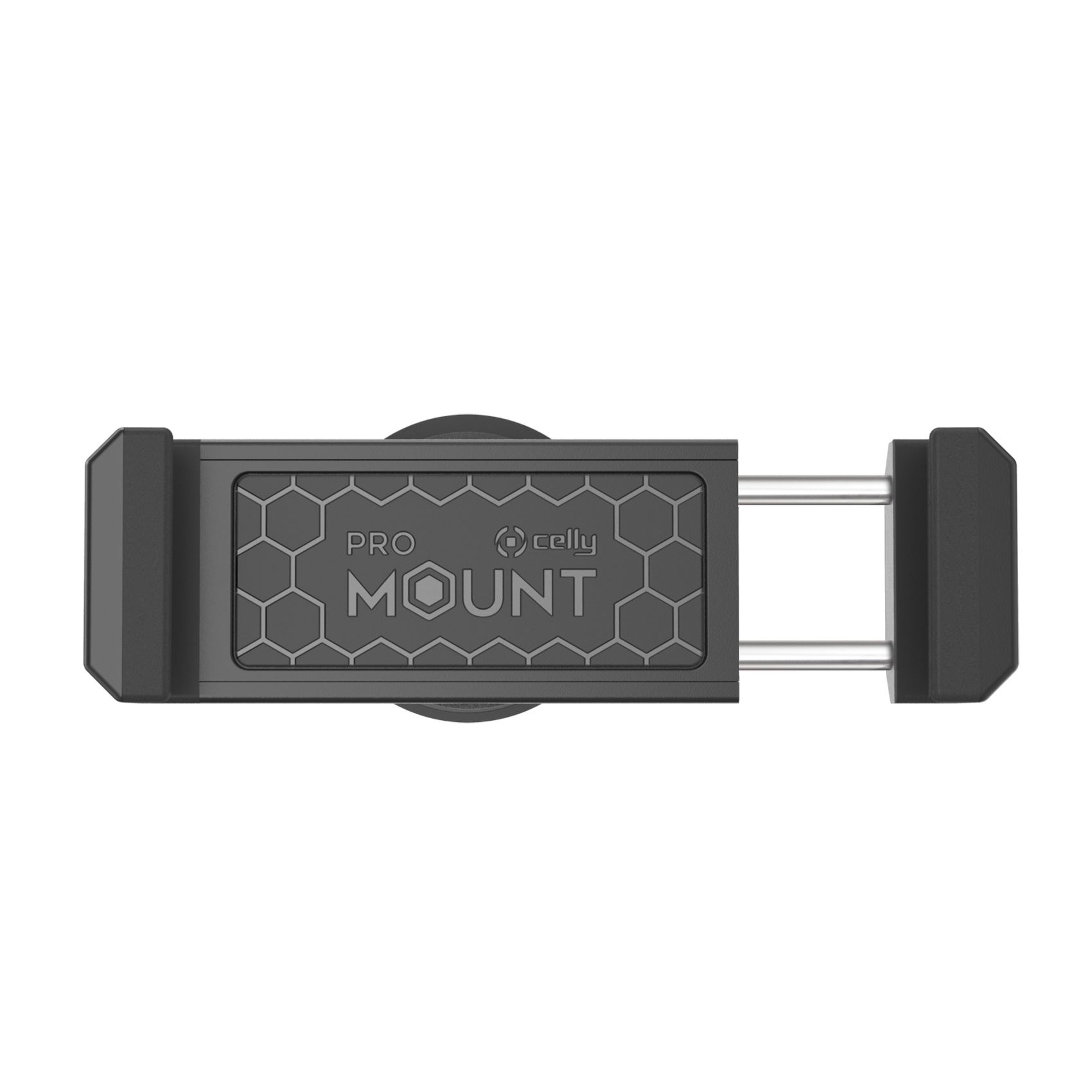 Soporte para teléfono negro con centro gris, etiquetado "PRO MOUNT" y "celly".