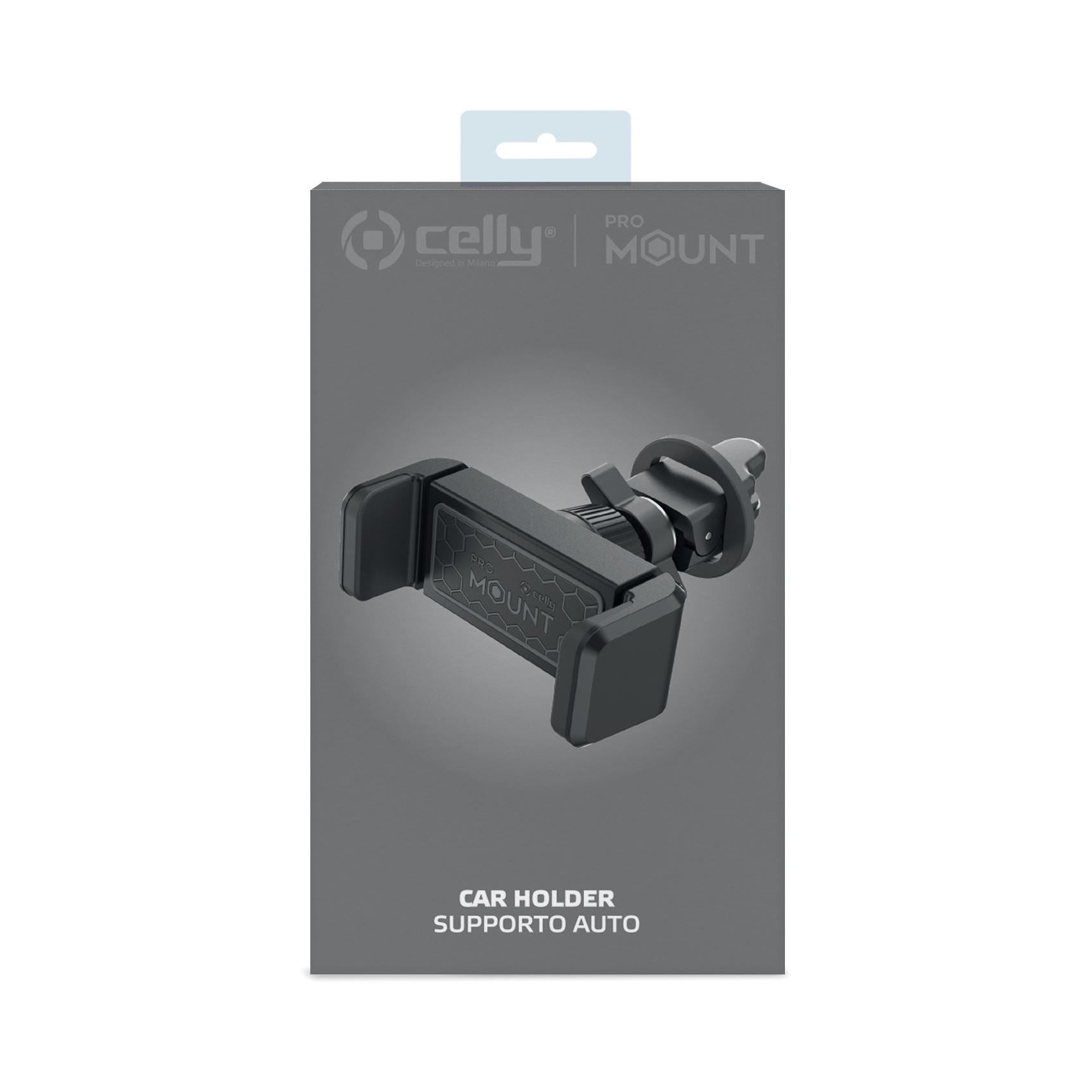 Un soporte para coche en una caja, con la marca 'celly' y la palabra 'MOUNT' visibles.