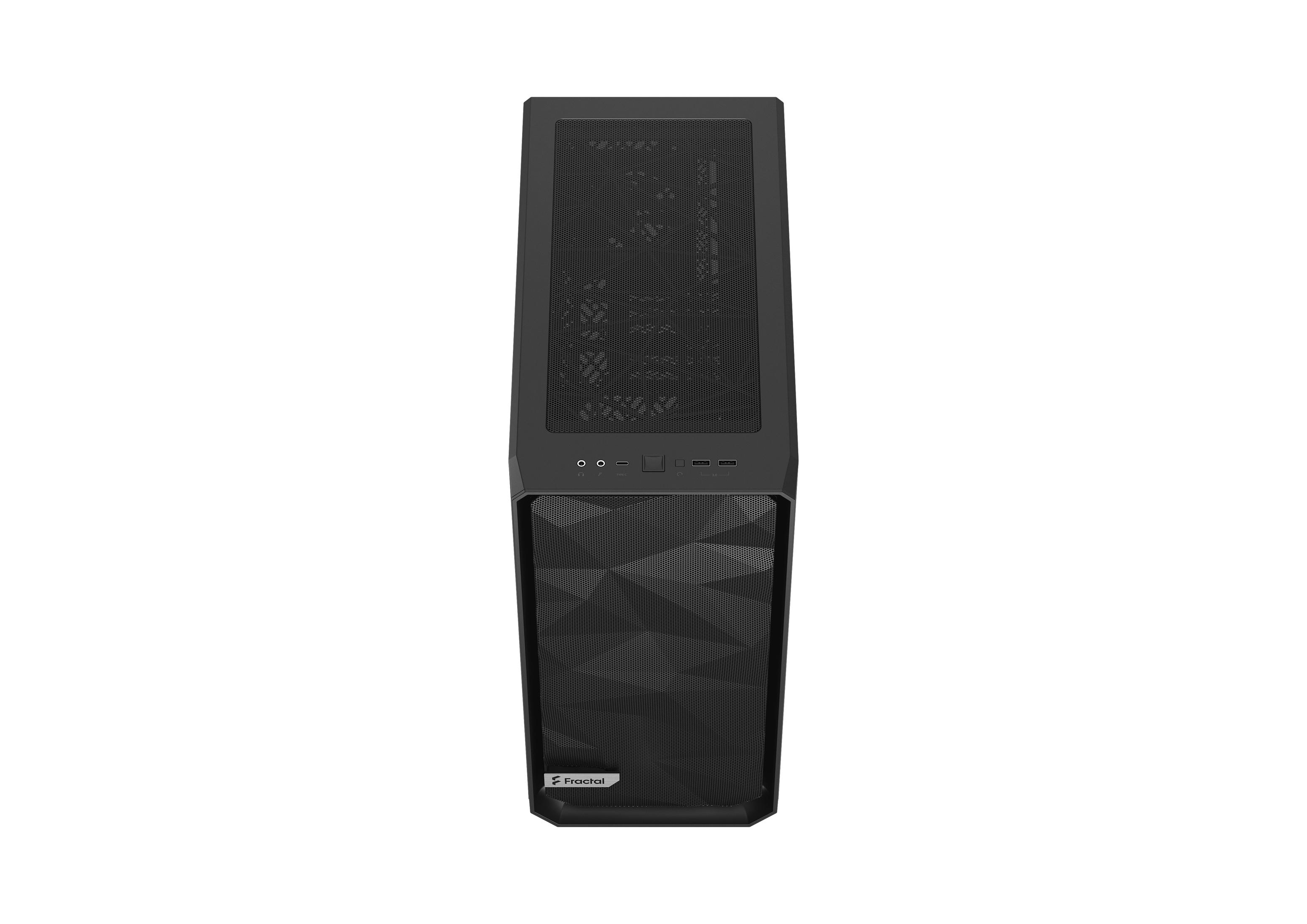 Ein schwarzes Computergehäuse, von oben betrachtet. Das Gehäuse hat eine Netzoberseite und eine strukturierte Frontplatte.