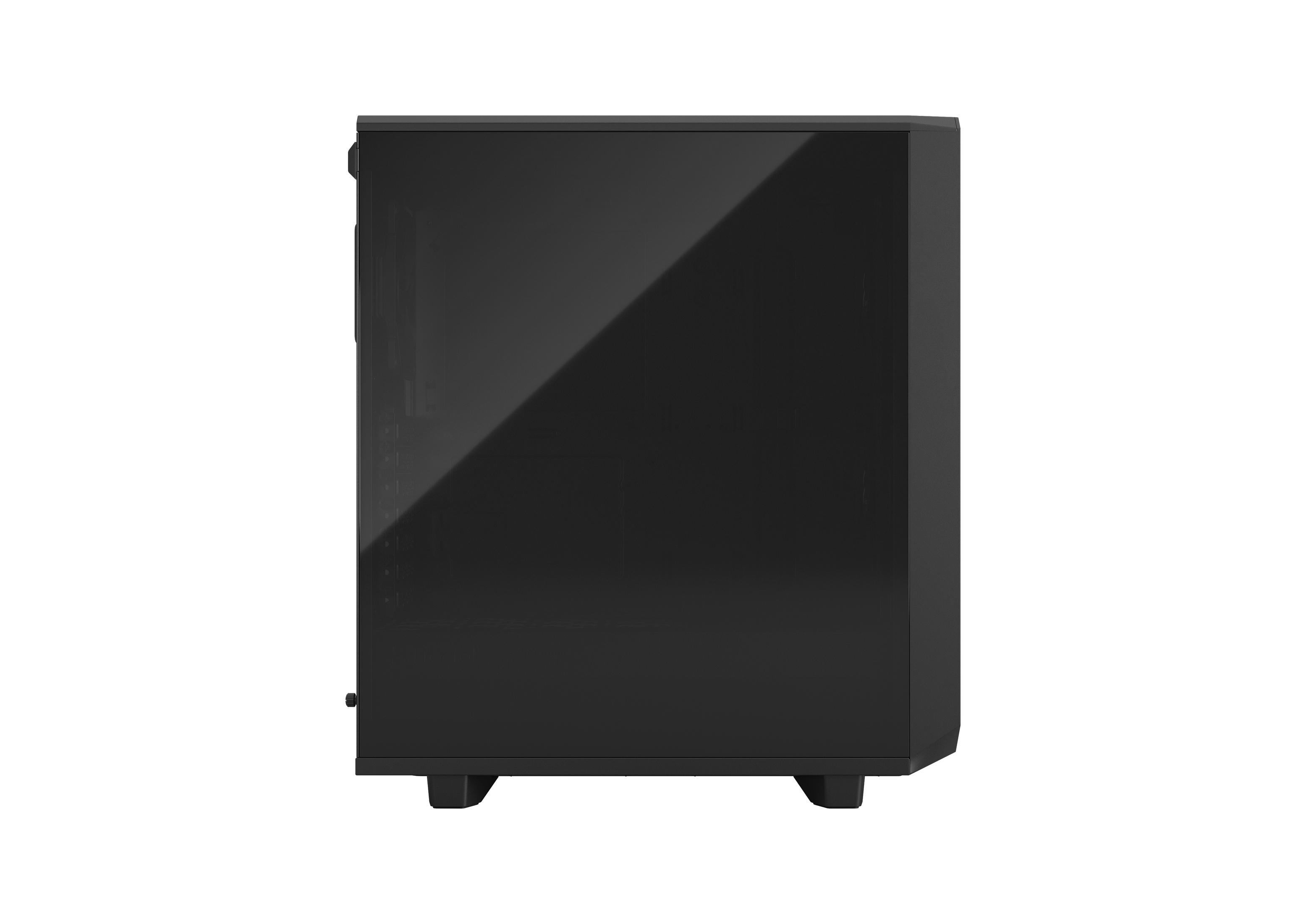 Schwarzes Computergehäuse mit Glasseitenwand, auf weißem Hintergrund.