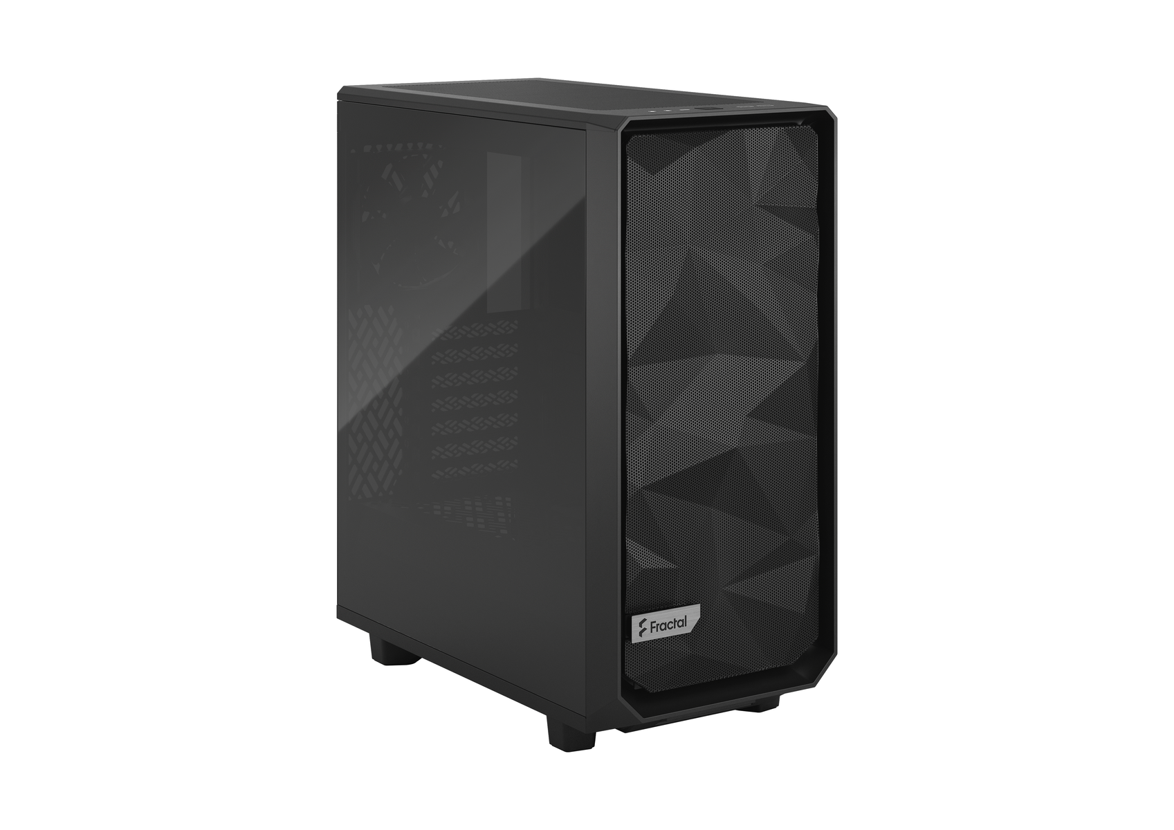 Ein schwarzes Computergehäuse mit transparenter Seite und dem Fractal Design Logo.