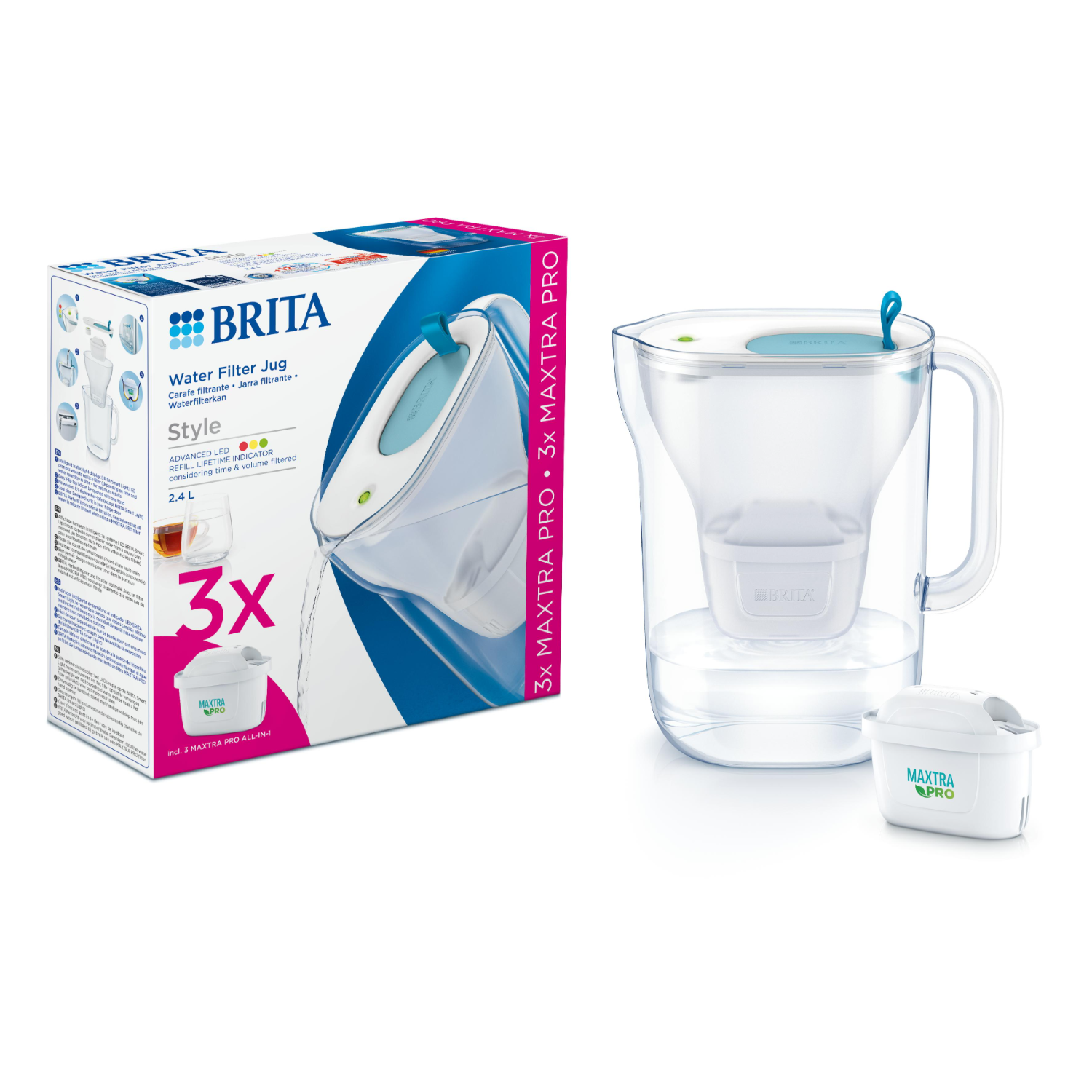 Dzbanek i pudełko filtra do wody Brita, plus osobny filtr. Biały dzbanek i pudełko z niebieskimi akcentami.